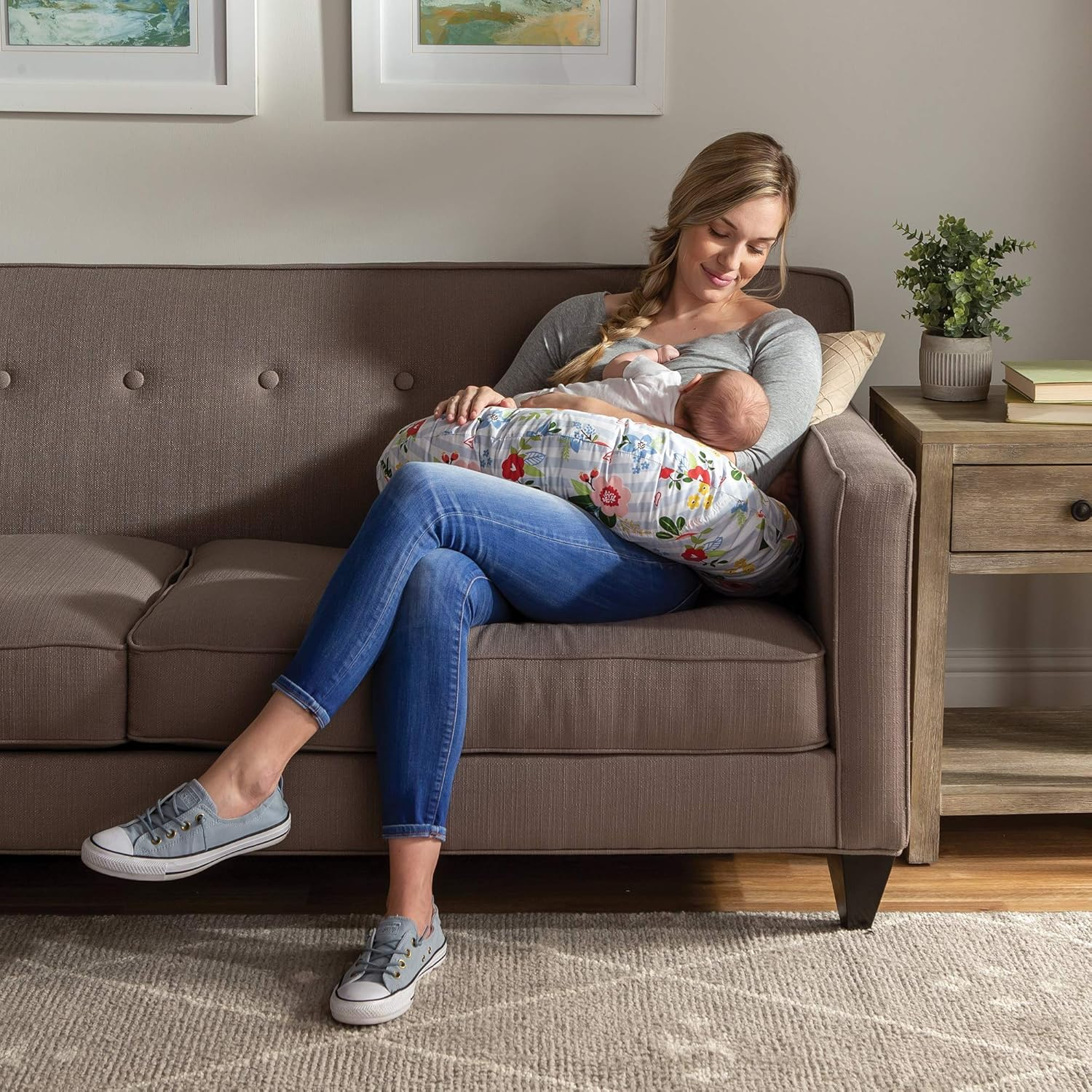 Boppy Original Support Nursing Pillow, Blue Pink Posy, Ergonomic Breastfeeding, Bottle Feeding, and Bonding, Firm Hypoallergenic Fiber Fill, Removable Cover, Machine Washable - Blue Pink Posy image number 4