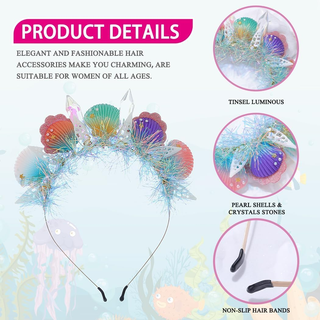 Sunwuun Mermaid Costume Accessories Women, Shell Headband, Crystal Shell Mermaid Headpiece, Carnival Accessories image number 3