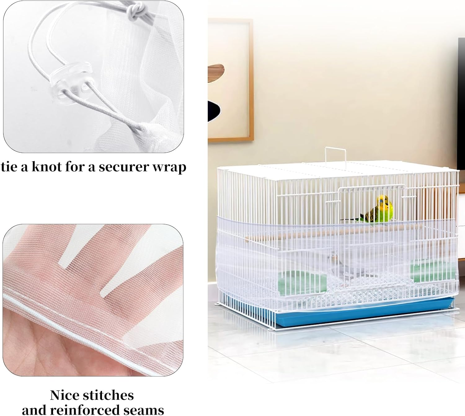 HOYDATE Adjustable Bird Cage Net Cover Birdcage Seed Feather Catcher Soft Skirt Guard Birdcage Nylon Mesh Netting for Parrot Parakeet Macaw round Square Cages (Circumference 37 Inch to 75Inches) image number 6