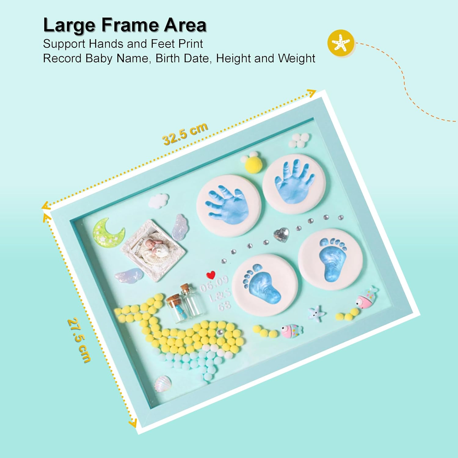 Blue Green Footprint and Handprint Personalized Picture Frame, All-In-One Boys Baby Shower Decorations for New Moms Gift, Set-With Hand and Foot Clay Mold and Casting Kit for Baby Registry Items, Newborn Essential Keepsake with Nursery Photo Frame image number 3