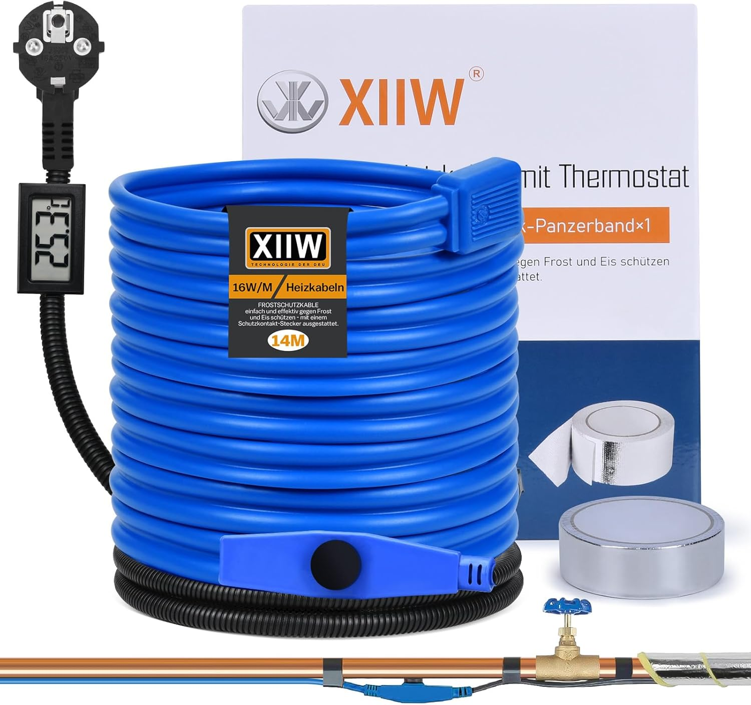 14 M Antifreeze Heating Cable with Thermostat and Temperature Display, 230 V Heating Cable, Pipe Heating 16 W/M for Water Pipes, Waterproof Heat Transfer Heating Cable for Pipes