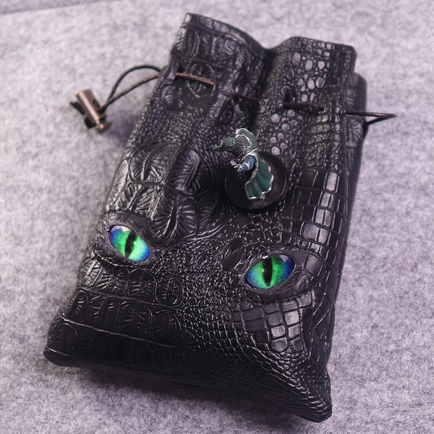 Large DND Dice Bag, Black DND Dice Bag Can Hold 6 DND Dice Sets, Fire Dragon Leather Coin Bag, Glows Green Light in Eyes, Suitable for DND Board Games, Fantasy RPG Game Accessories, Dice Not Included image number 3