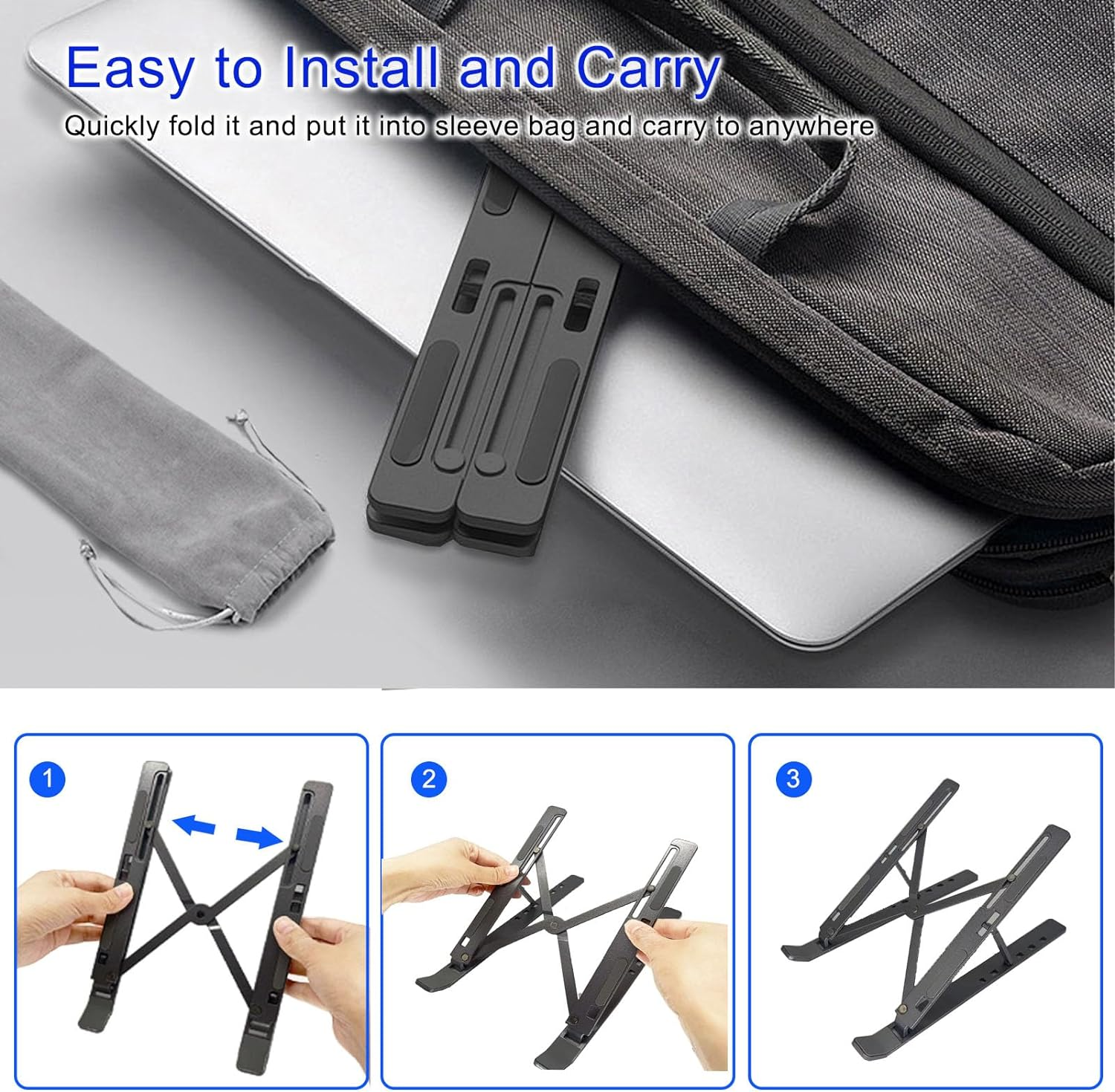 Ekvinor Laptop Holder Riser Computer Tablet Stand 6 Angles Adjustable Aluminum Ergonomic Foldable Portable Desktop Holder Compatible for Macbook Ipad HP Dell 10-15.6&rdquo; Black image number 3