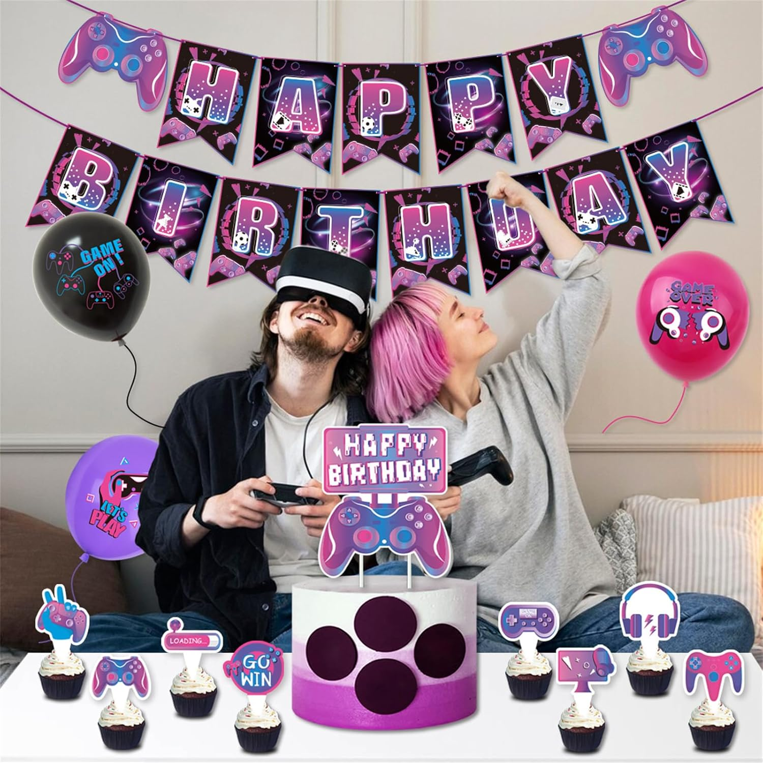 Video Game Birthday Party Decorations Game on Party Supplies Gaming Birthday Decoration Including Happy Birthdays Banner, Latex Balloons and Cake Decorations