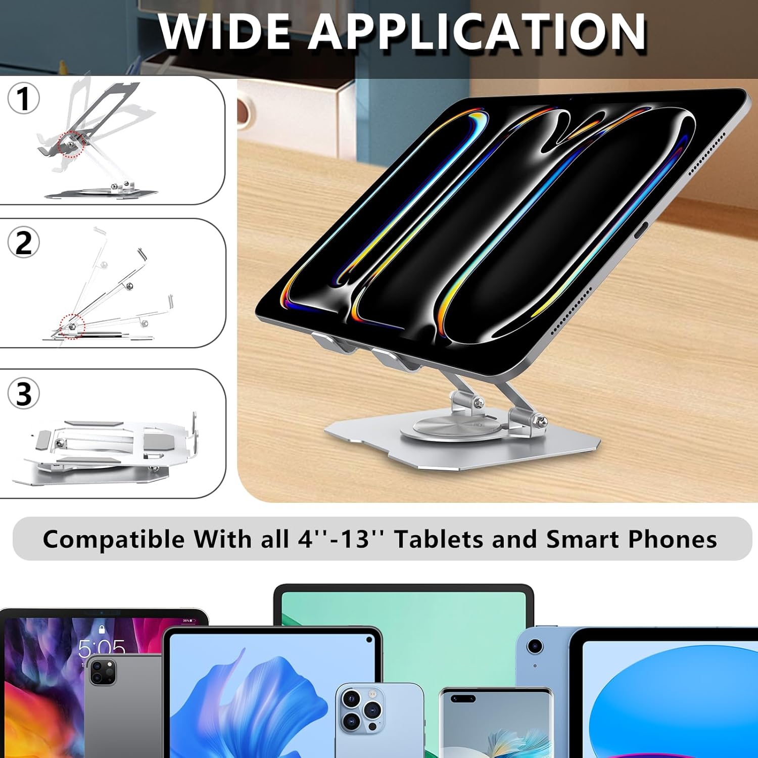 Bighan Tablet Stand, 360&deg; Adjustable Aluminum Ipad Stand Holder Foldable Fits Ipad Stand for Desk Rotating Portable Monitor Stand for Tablets PS Mobilephones Other 4.7"-12.9" Device, Silver image number 4