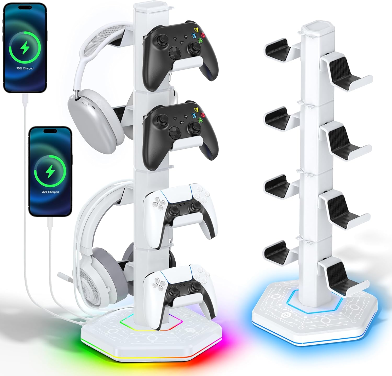 Kytok RGB Controller Holder for Ps5/Ps4/Xbox/Switch, Headphone Stand with 2 USB Charging Ports & Type-C & Headphone Jack, Controller Stand with Cable Organizer, Headset Holder for Desk, 4 Tiers White image number 3