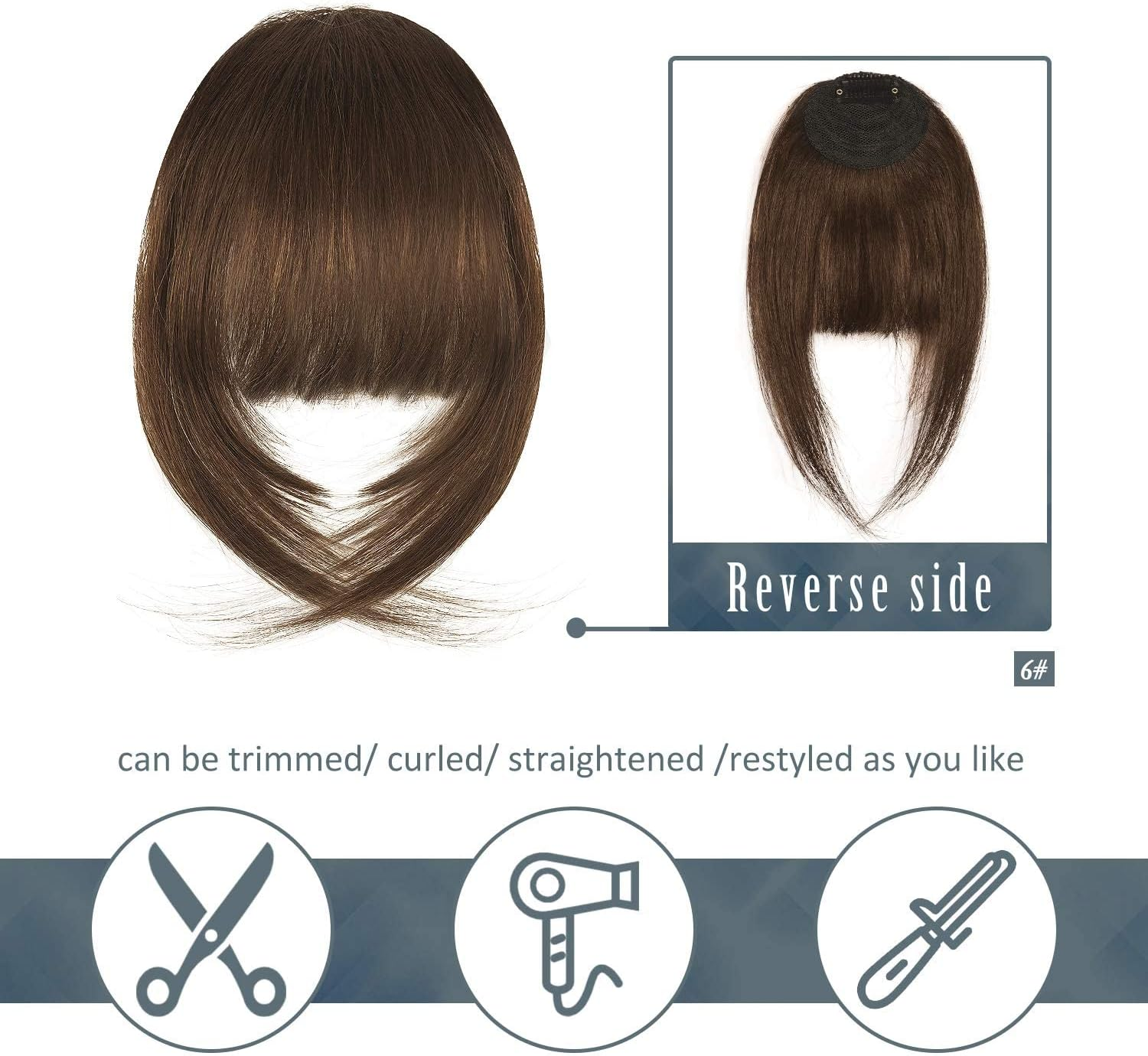 BARSDAR Clip in Bangs, 100% Human Hair Extensions for Women, French Thick Brown Fringe, Real Natural Color Washable - Golden Chestnut Brown image number 5