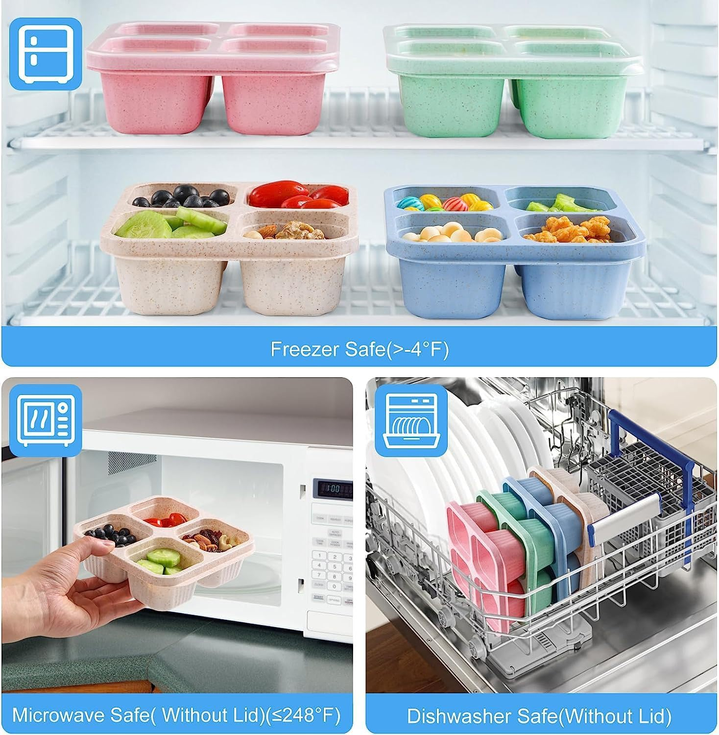 5 Pack Snack Containers, Reusable Bento Snack Box, 4 Compartments Meal Prep Lunch Containers for Kids and Adults, Divided Food Storage Containers for School Work Travel image number 5