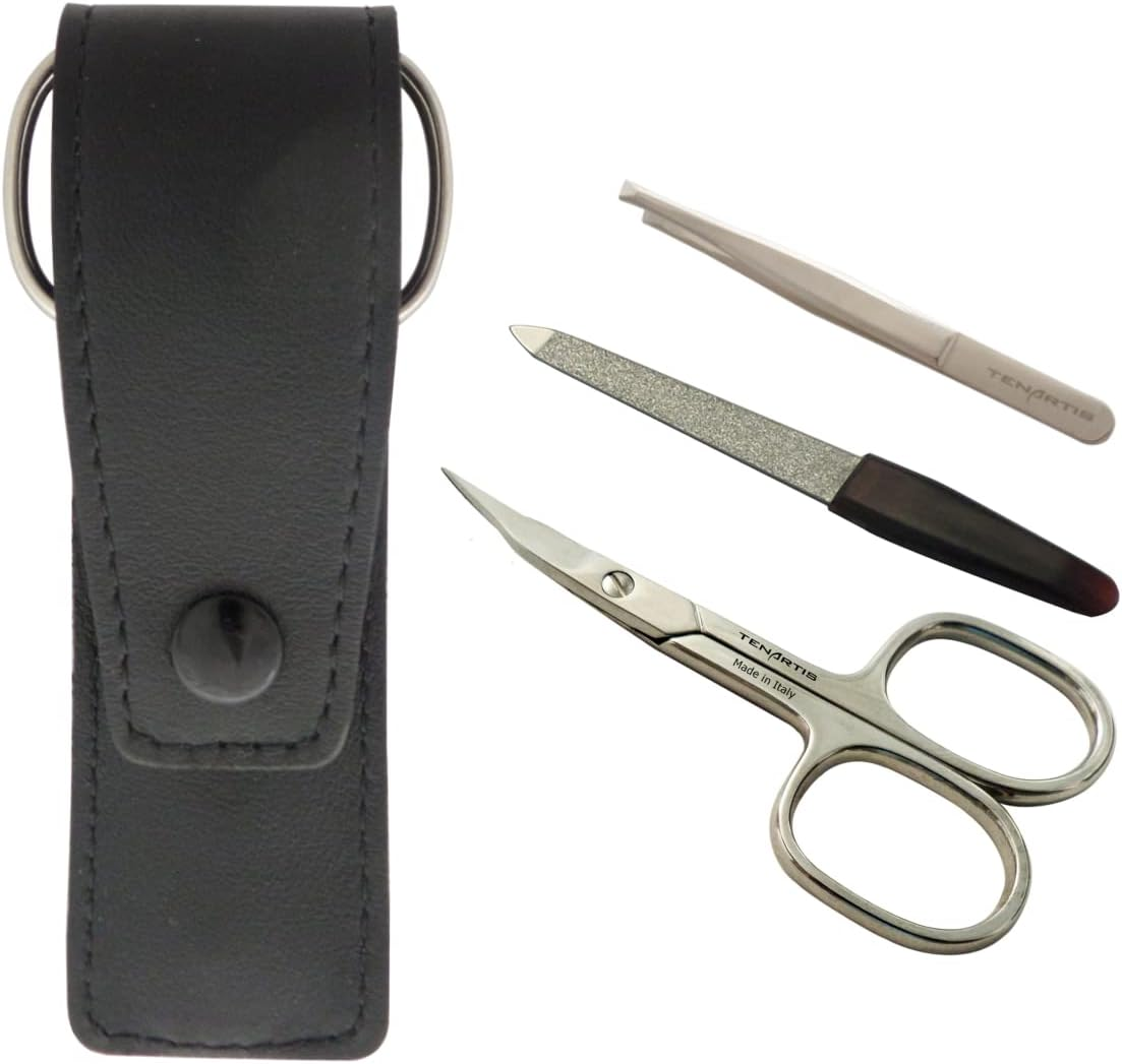 3-Piece Manicure Set with Nail Scissors, File & Tweezers in Genuine Leather Pouch - Made in Italy (Black)