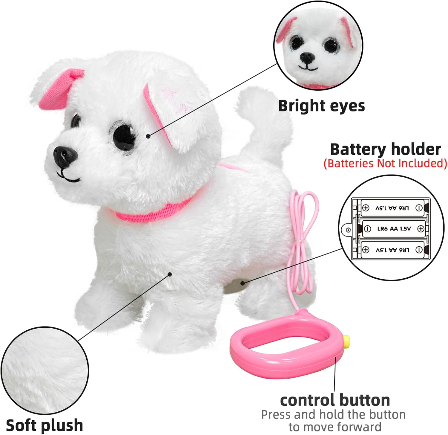 Walking & Barking Puppy Toy with Remote Control Leash &ndash; Tail Wags & Head Nods, Soft Plush Electronic Pet, Easy One-Switch Play, Battery Operated 3&times;AA (Not Included), Toy Dog for Kids &ndash; White - Blue image number 5