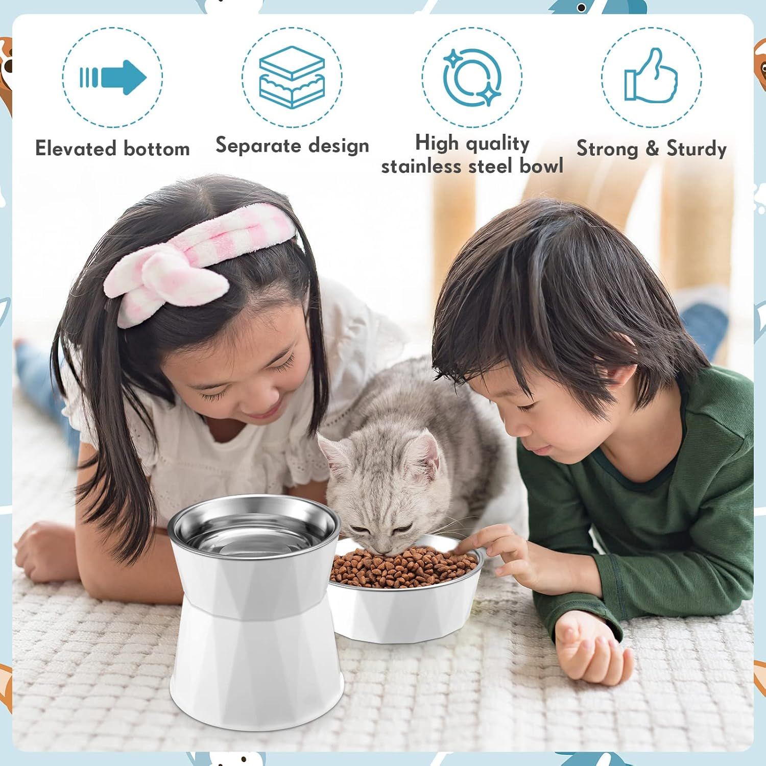 Lallisa 2 Pcs Elevated Cat Bowls Adjustable Raised Cat Feeder Non Slip Food Water with Stand Safe Stainless Steel Bowls with Pet Food Stand for Pets Feeding Eating(White) - White image number 4