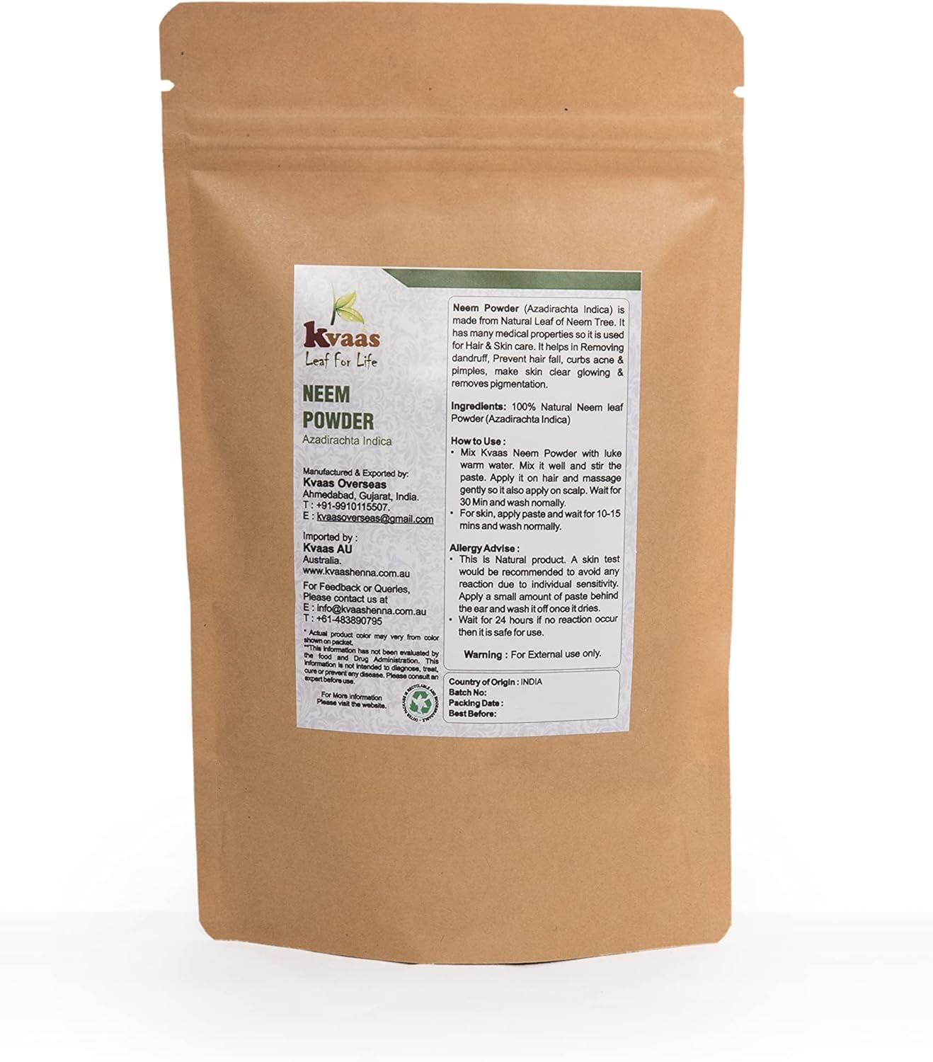 Neem Leaves Powder | 3.53 Oz (100 G) | Azadirachta Indica | Natural & Pure Powder for Skin & Hair Care by KVAAS image number 1