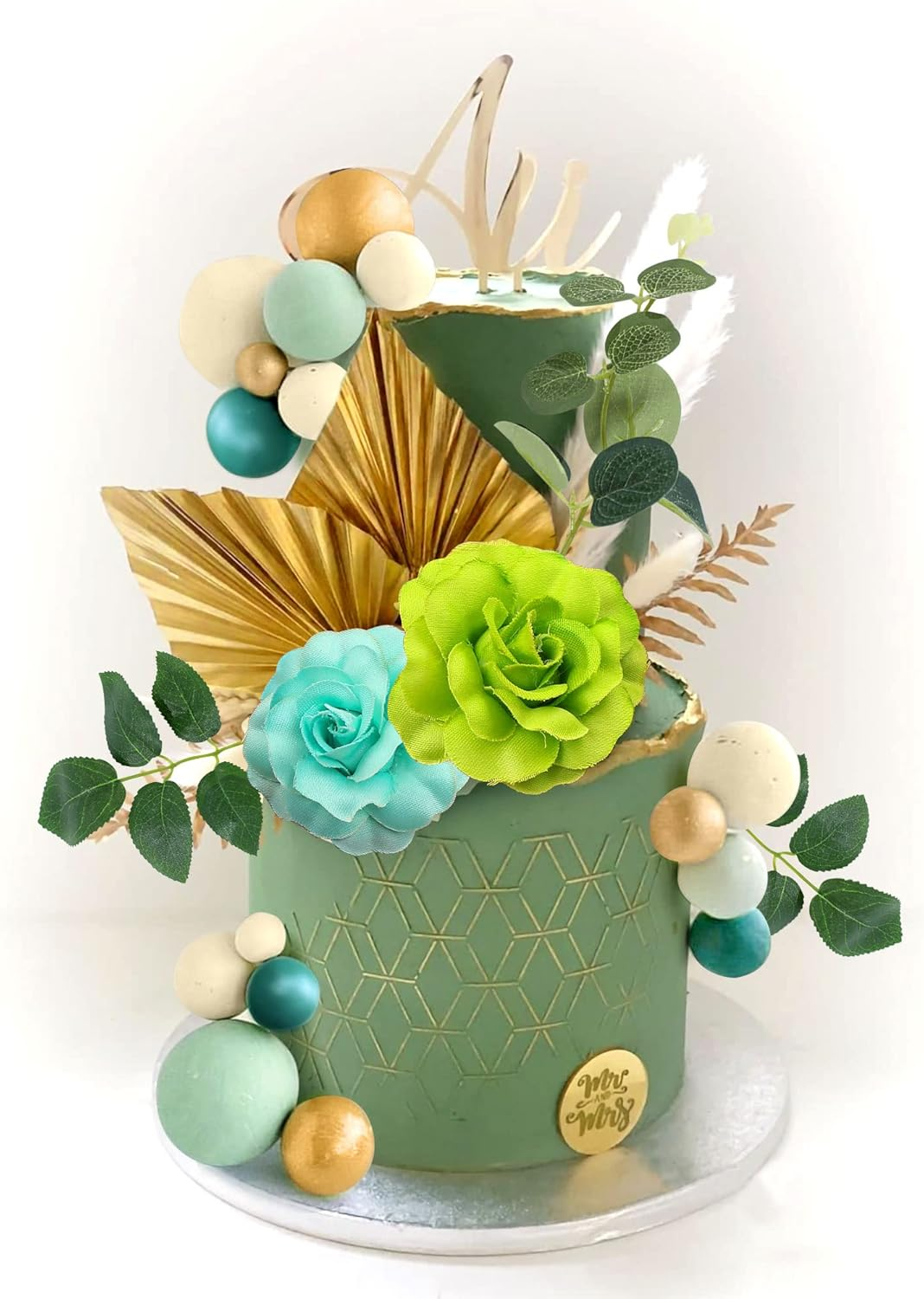 Jevenis Green Ball Cake Decoration Rose Cake Decoration Palm Leaves Cake Decoration Flower Cake Decorations Baby Shower Cake Decoration Wedding Cake Decoration - Green1 image number 4