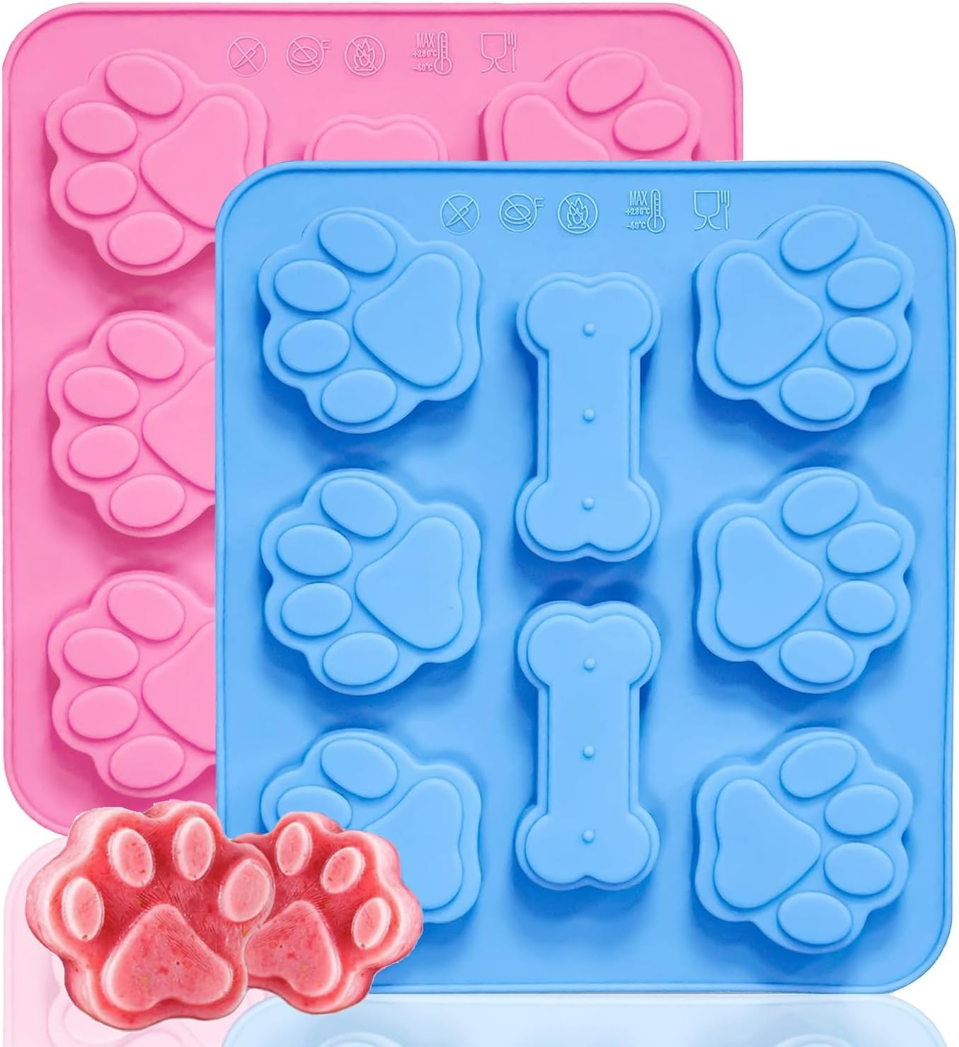 Sunyuneey 3 Pcs Silicone Dog Treat Molds, Pink & Blue, Puppy Paw & Bone Shapes, BPA Free, Oven, Microwave, Dishwasher Safe image number 1