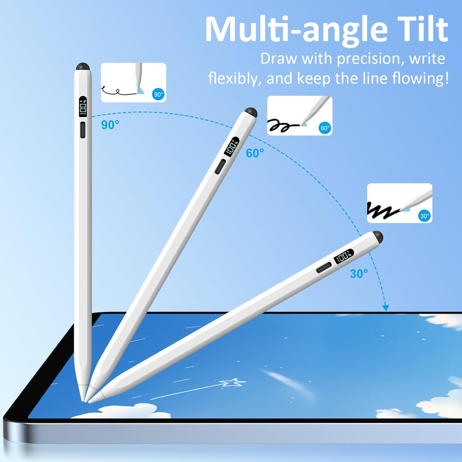 Digiroot Ipad Apple Pencil 2025-2018, LED Power Display Dual-Tip Stylus Pen with 3X Fast Charge, Compatible for Ipad A16 11/10/9/8/7/6, Pro 11"/12.9"/13''/M4, Air M3/M2/5/4/3, Mini 7/6/5