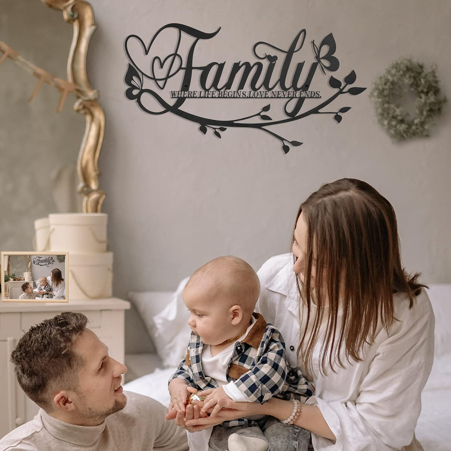 Family Where Life Begins Love Never Ends Word Sign Metal Wall Decor, Black Home Decor Wall Art Decorations, Letters Quotes Sign for Living Room Bedroom Kitchen Indoor Outdoor Decor(Black) image number 2