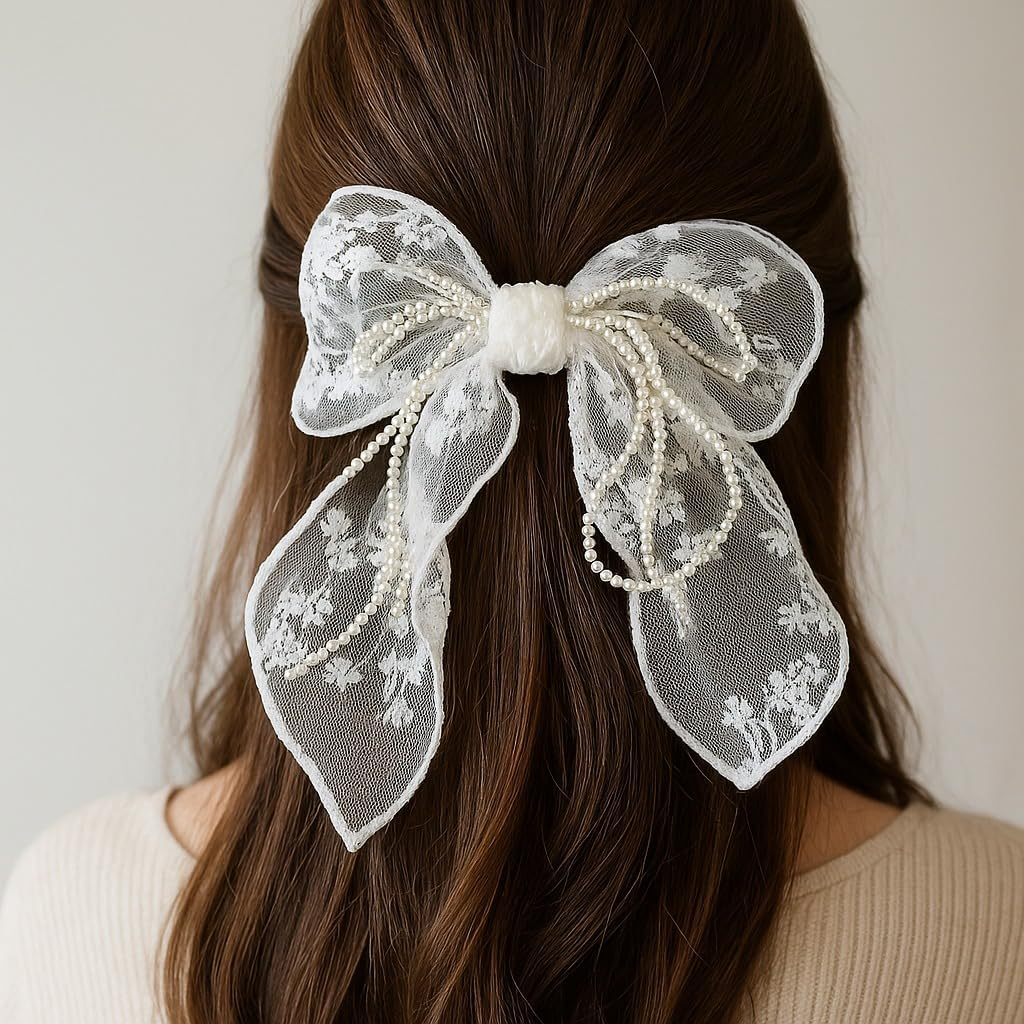 LIVSY Elegant Lace Bow Hair Clip for Women & Girls &ndash; Vintage Black Tie Hair Accessory, Large Barrette with Pearl Ribbon | Stylish Hair Clips, Hair Ties & Claw Clip Alternative - White image number 4