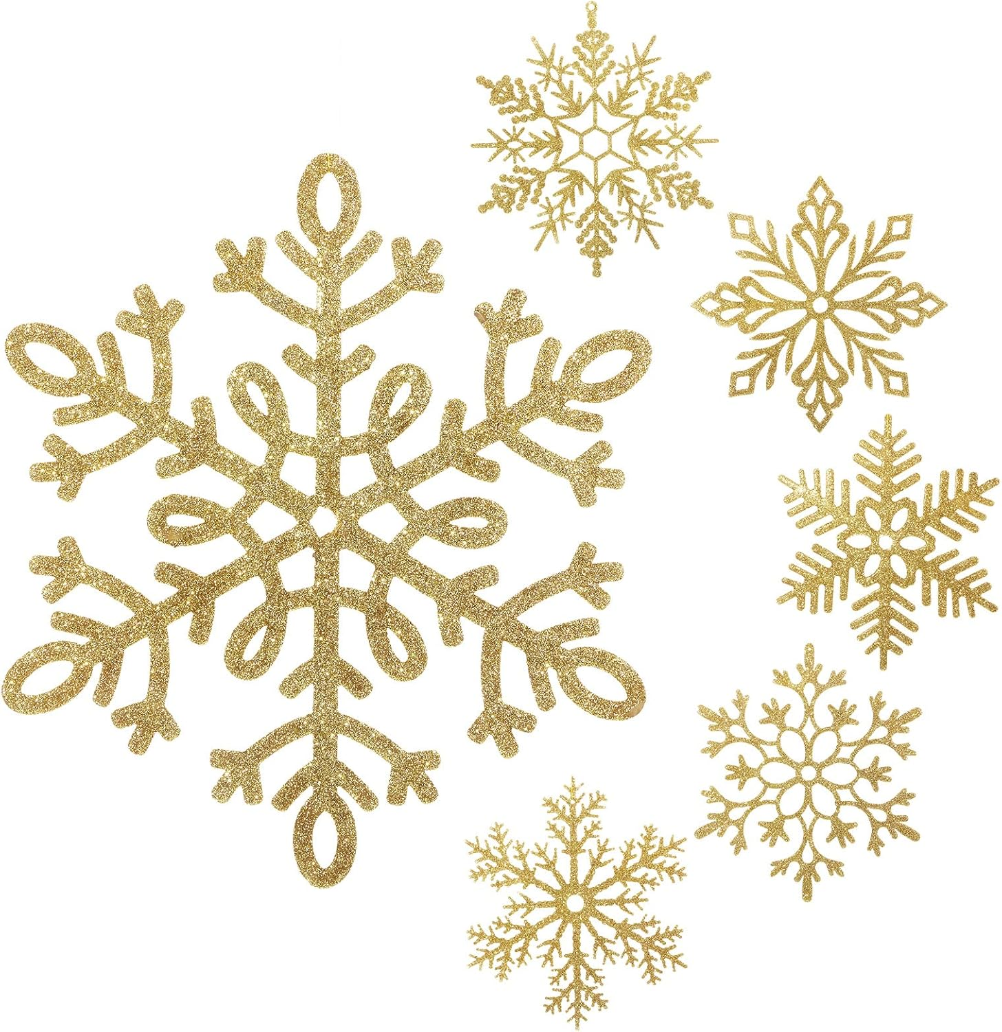 Sratte 12 Pack Large Glitter Snowflakes Ornaments 12" Plastic Giant Winter Christmas Hanging Decor Oversized Snowflakes Ornaments for Indoor Outdoor (Gold)