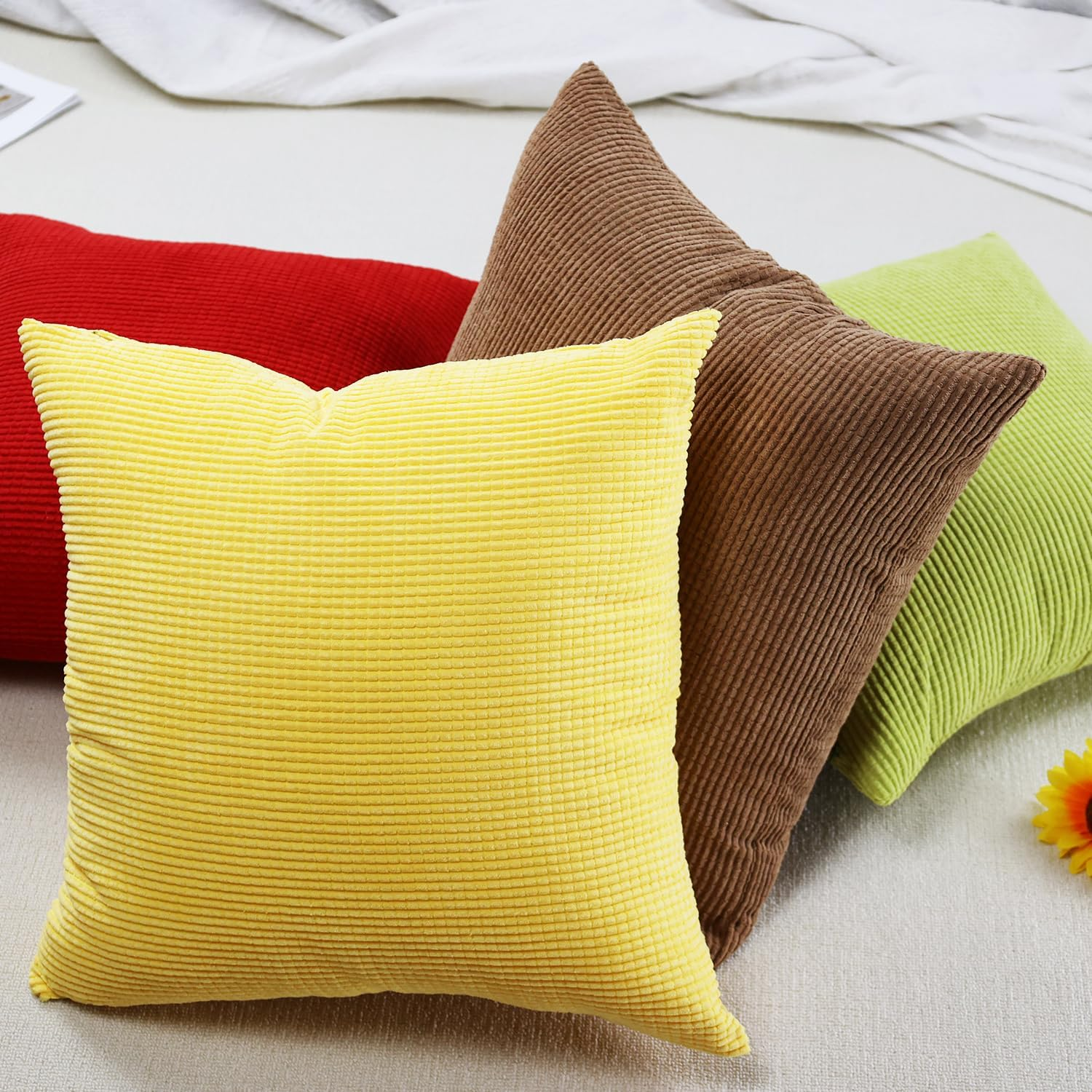 Corduroy Throw Pillow Covers Set of 2, Modern Decorative Couch Pillow Covers Neutral Solid Dyed 45X45Cm Square Soft Cushion Cases for Home Bedroom Living Room Sofa Chair Bed Car Office Balcony Decor image number 1