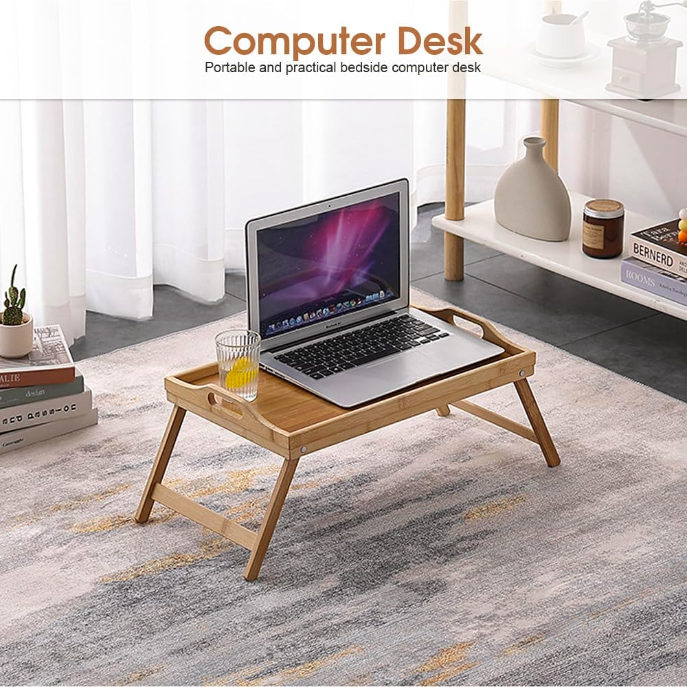 Clevinger Bamboo Bed Breakfast Tray, Breakfast Serving Table with Foldable Legs & Handles, Used as Laptop Computer Desk Snack Table TV Table,Snack Tray for Kids,Couples,Sofa,Eating,Working (1 Pack) - 2 Pack image number 2