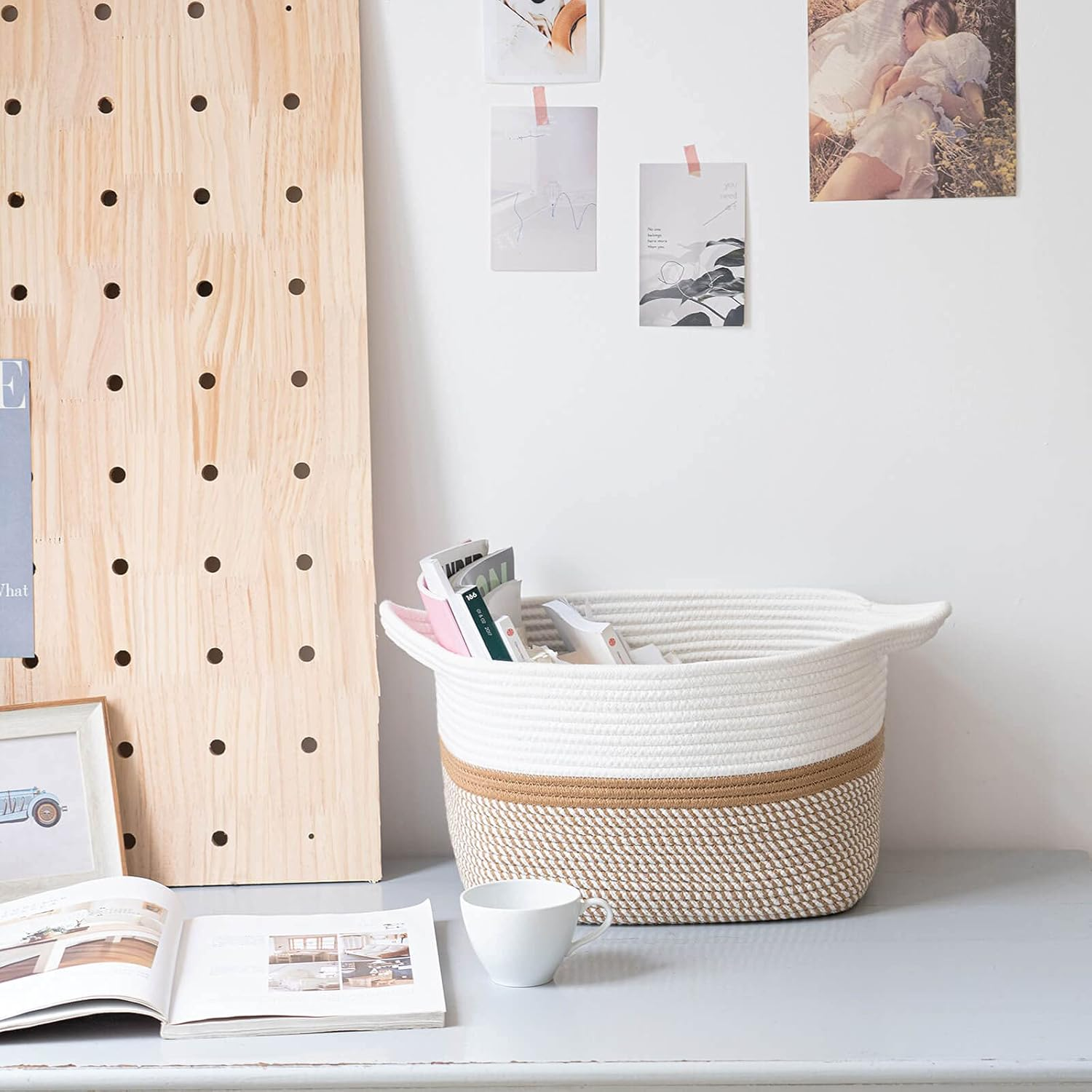 CHICVITA Square Cotton Rope Woven Basket with Handles for Books, Magazines, Toys - Decorative Rectangle Basket for Baby Nursery, Living Room, Bathroom 13.5" X 11" X 9.5", Brown and White