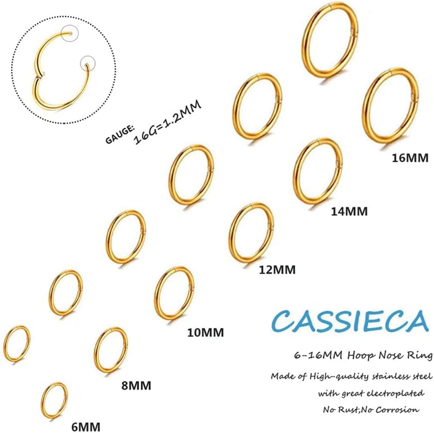 Kakonia 12 Pcs 6-16Mm Stainless Steel Cartilage Hoop Earrings for Women Girls Hypoallergenic Nose Ring Helix Lobes Hinged Sleeper Earrings Piercing Jewelry 16G Set image number 4