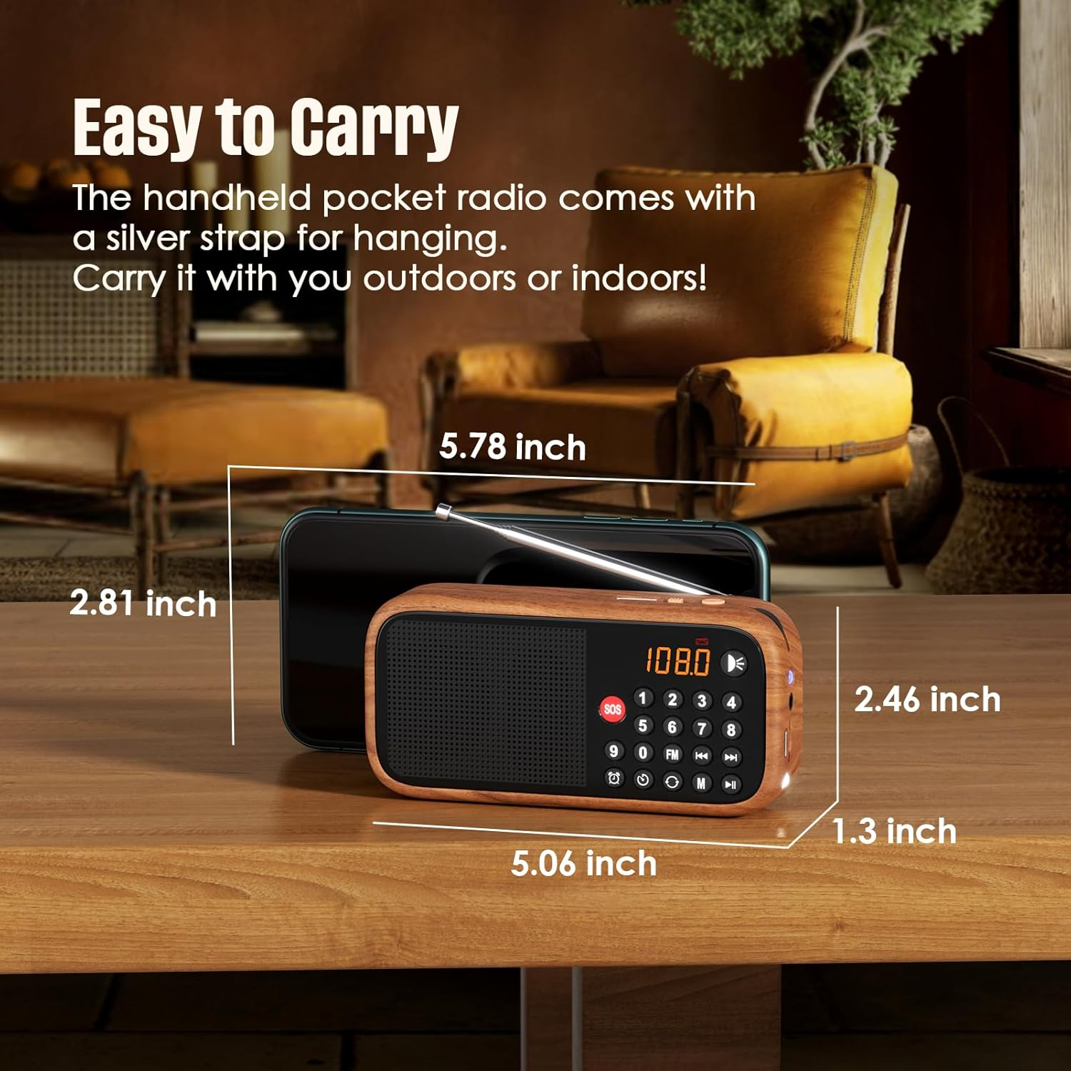 LEOTEC Rechargeable FM Radio with Bluetooth,Digital Radio,Portable Vintage Wood Table Alarm Clock Radios with 1800Mah Lithium Battery,Type-C Charging/Sos/Aux/Usb,Great for Seniors image number 3