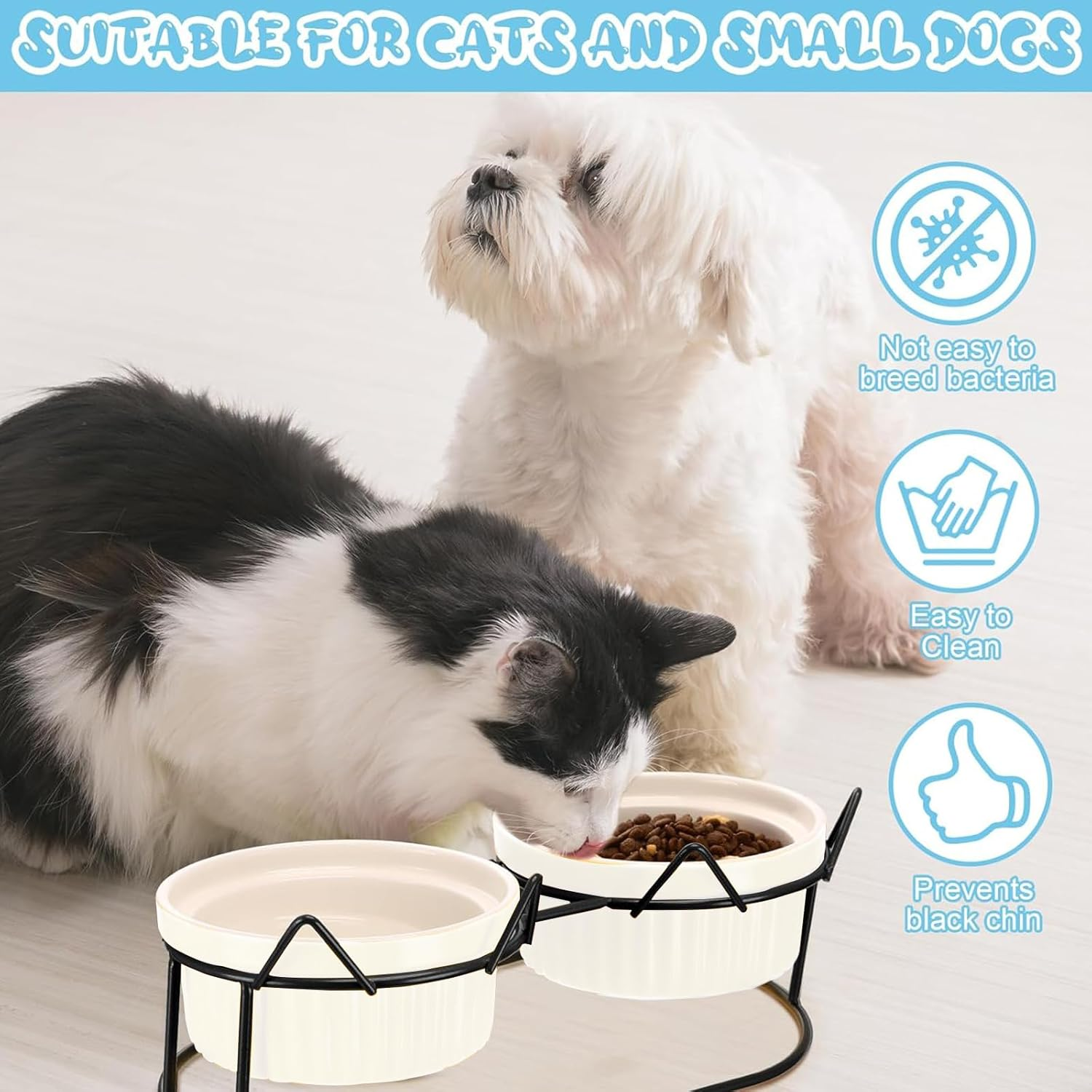 A Set Cat Bowls, Ceramic Raised Cat Food Bowl with Pet Food Mat Elevated Kitten Drink Bowl Black Stand for Food and Water anti Vomiting Dish for Indoor Cats Puppy Small Dogs (Black)