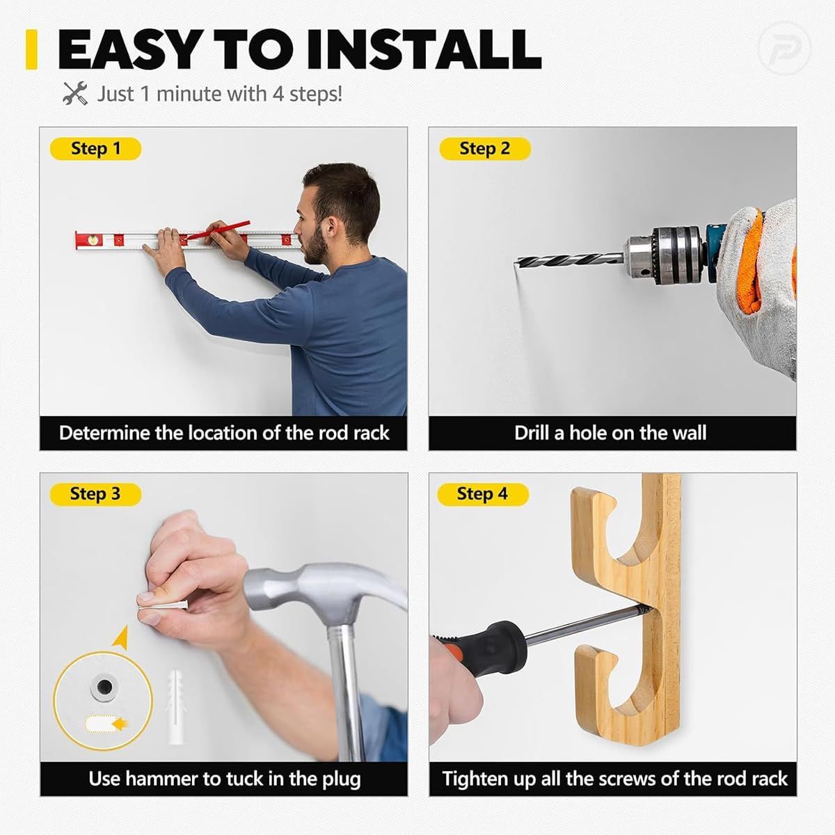 AIMALL Bamboo Fishing Rod Rack - Wall-Mounted Storage, 15.7In, Solid Wood, Holds 5 Rods, Universal Fit for Most Fishing Rods