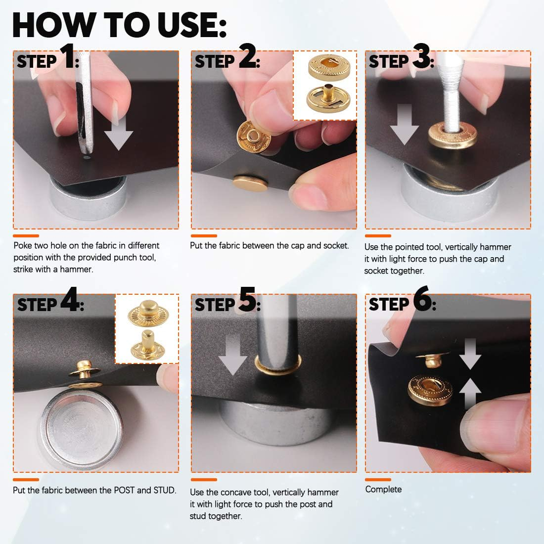 Rustark 150 Sets Leather Snap Fasteners Kit, 6 Colors Metal Button Snaps Press Studs with 4 Pieces Installation Tools for Leather Craft, Jackets, Jeans Wears, Bracelets and DIY Craft (12.5Mm) image number 3