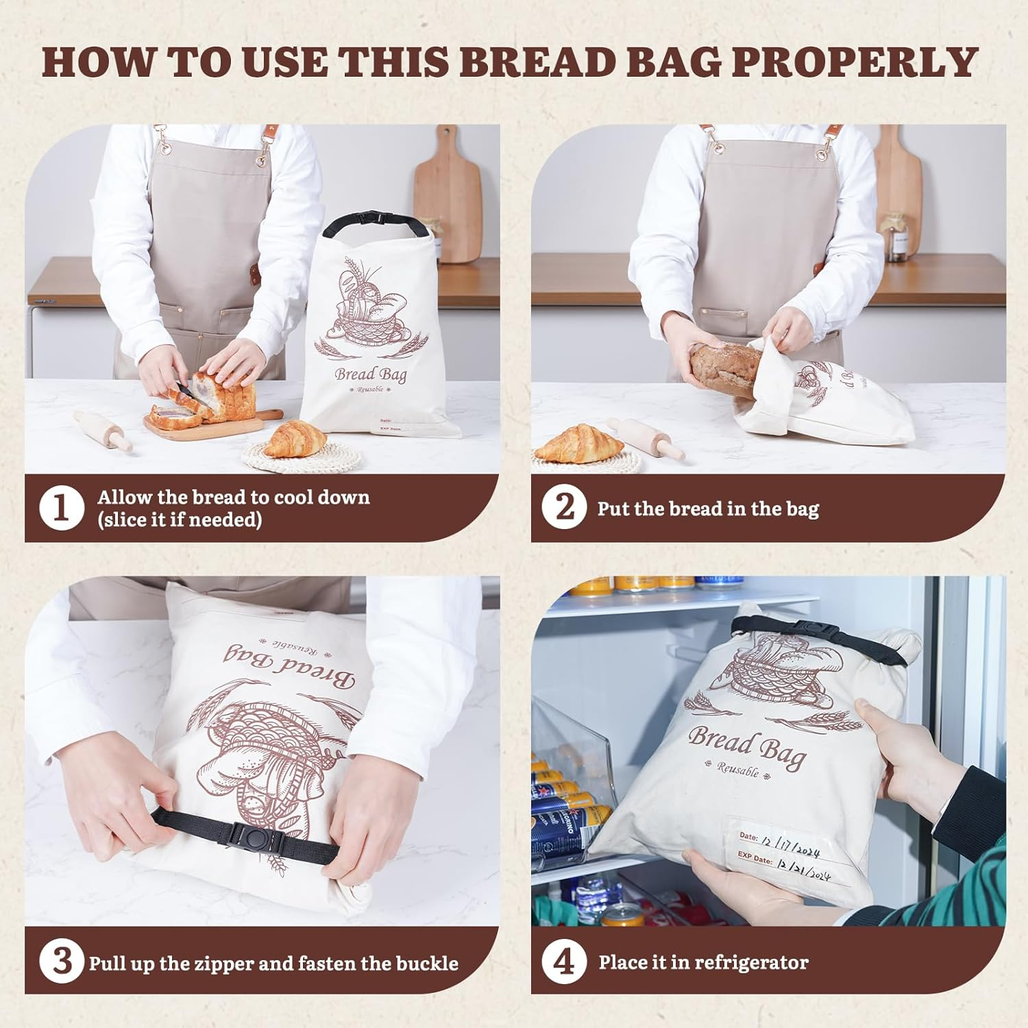 Puricon 2 Pack Reusable Beeswax Bread Bags for Homemade Bread, Large Capacity Linen Sourdough Bread Bags with Date Tracking Label, 12.4&times;16.5 Inch Bee Wax Bread Storage Bag image number 3