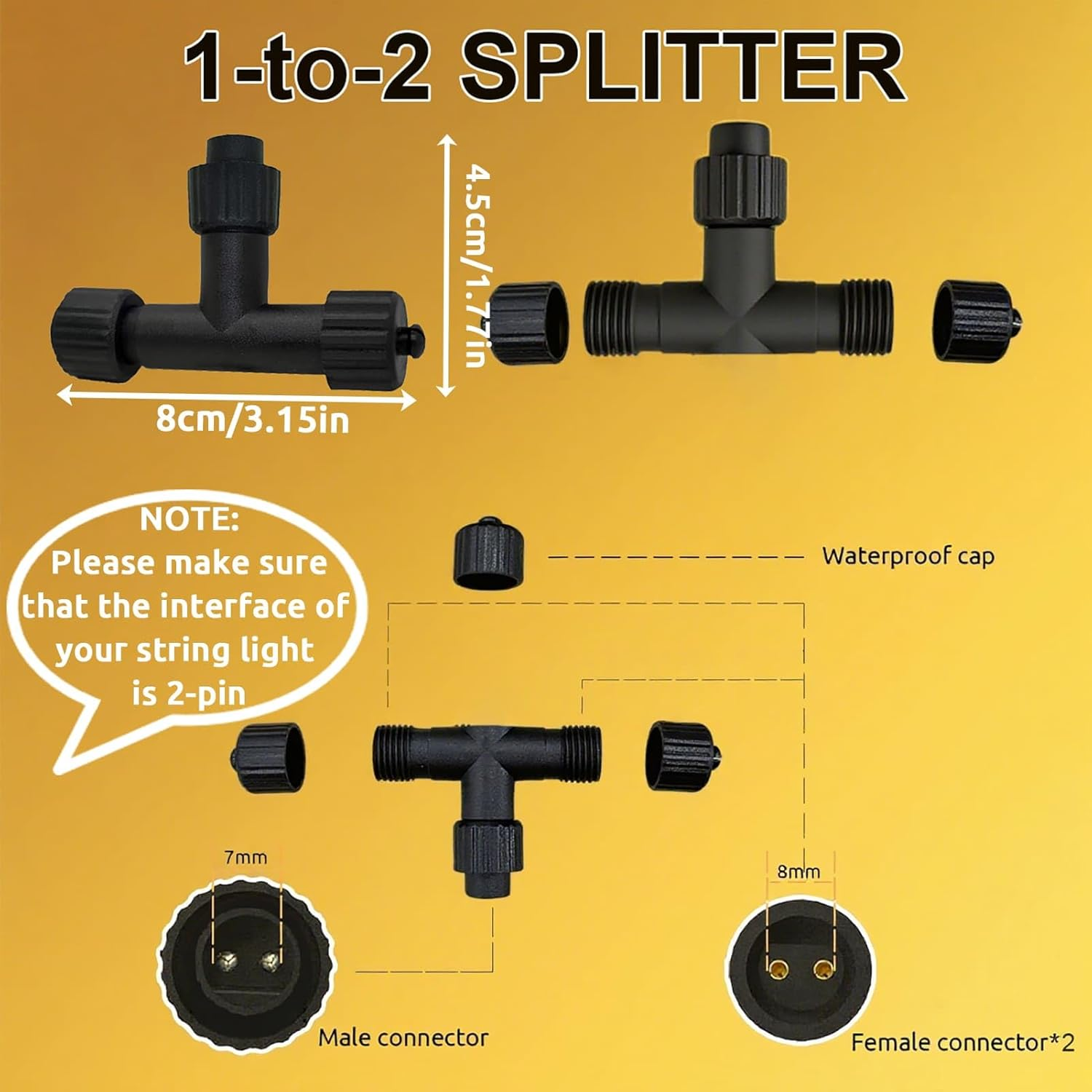 Yowin Christmas Lights Connector 2 Pin Splitter for Christmas Lights, Transformer Connectors 1-To-2 Electrical Connector, IP65 Waterproof Socket Adapter for Outdoor Christmas Light Chain image number 1