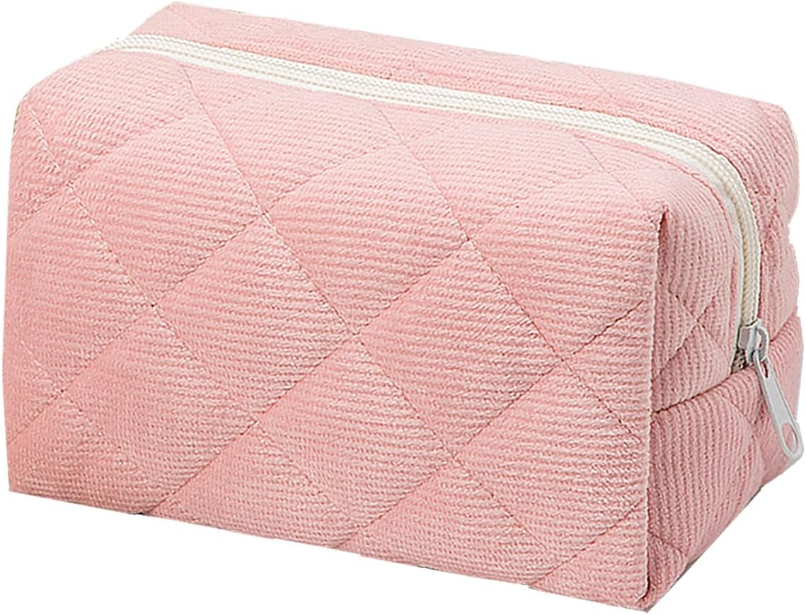Small Makeup Bag for Purse Corduroy Makeup Bag Travel Makeup Pouch Mini Cosmetic Bag for Women Pink