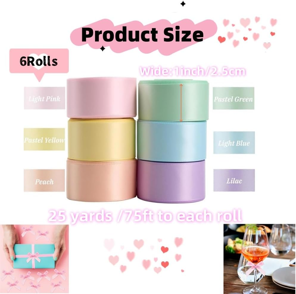 6 Rolls Pastel Ribbon,3/8" 25 Yard/Roll Fabric Ribbons Craft,Ribbon for Gift Wrapping Girl Hair Bow, Ribbons for Crafts Party Wedding Hair Bows D&eacute;cor image number 5