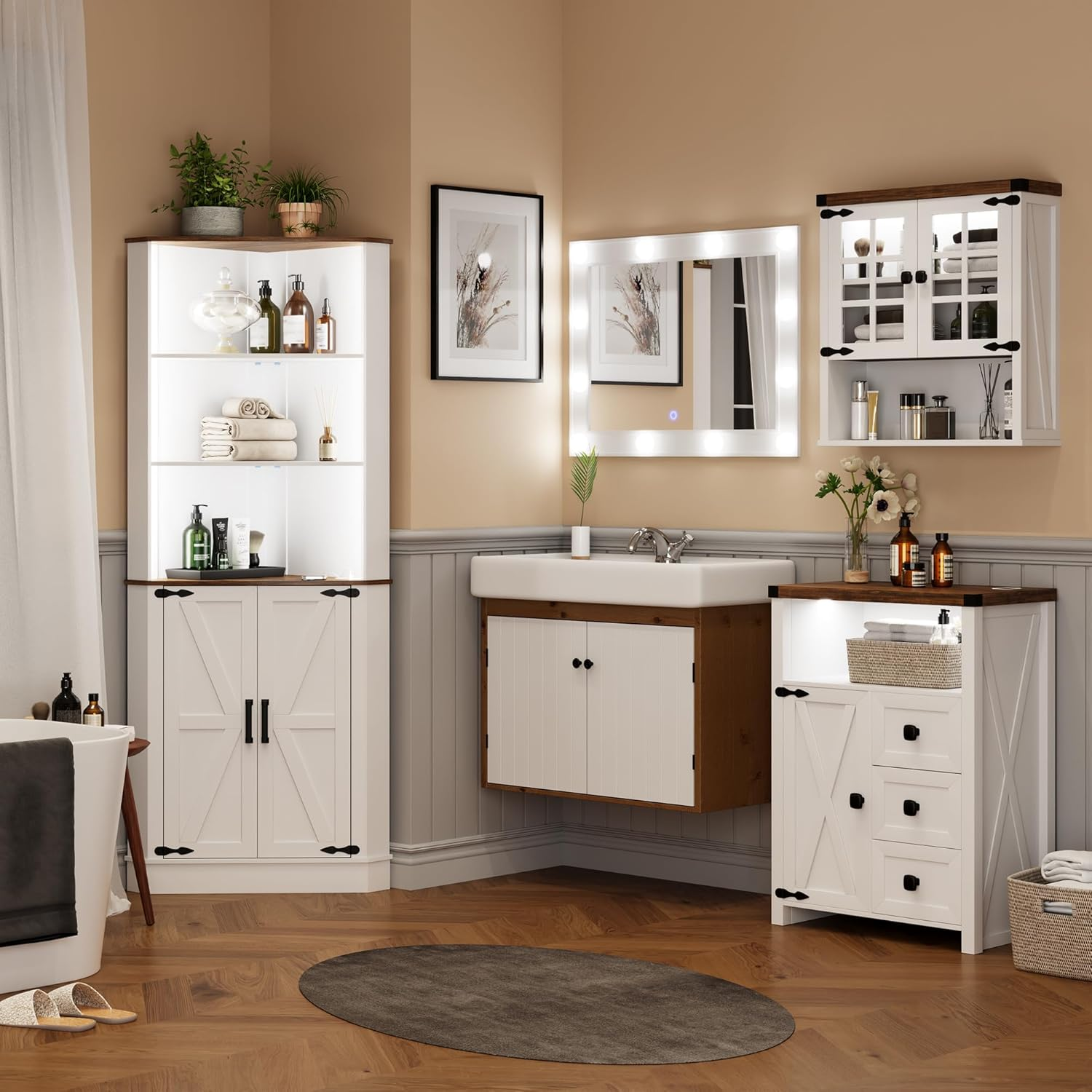 Dystler Tall Corner Cabinet with LED Light, Farmhouse Bathroom Cabinet with 2 Doors and 3 Tier Shelves, Free Standing Corner Storage Cabinet for Laundry Room, Living Room, Bedroom or Kitchen, White image number 4