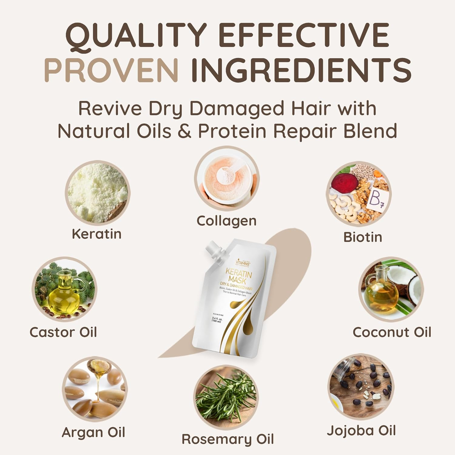 Vitamins Hair Mask Keratin Hair Treatment - Biotin, Castor Oil, Collagen Protein & Coconut Oil Deep Conditioner for Damaged Thin Dry Damaged Hair (Travel Size) image number 6