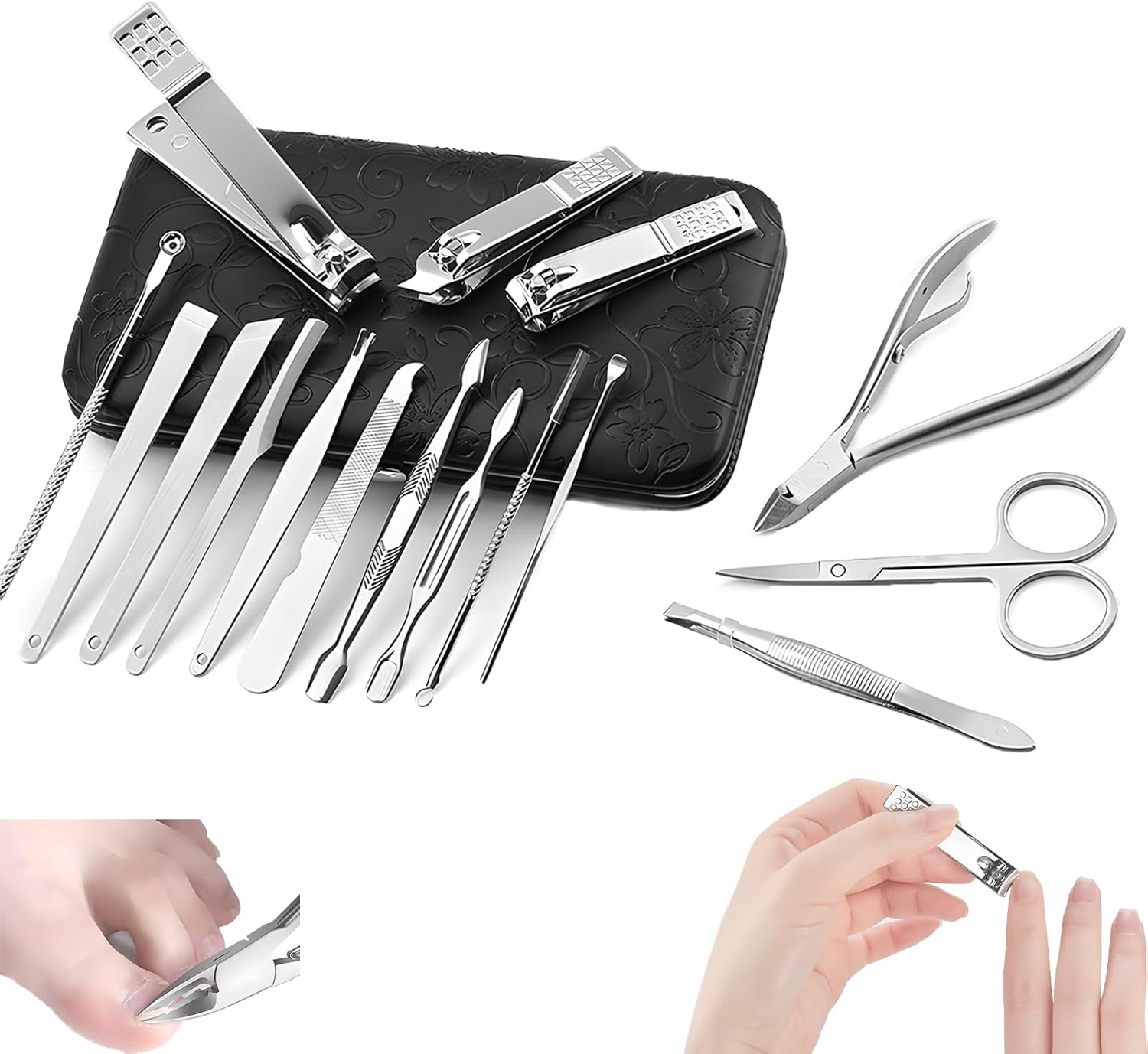 Manicure Set, 16 Pcs Stainless Steel Pedicure Kit Professional Nail Clippers Manicure Kit Personal Nail Care Kit with Pattern Leather Black Travel Case, Portable Grooming Kit for Men and Women