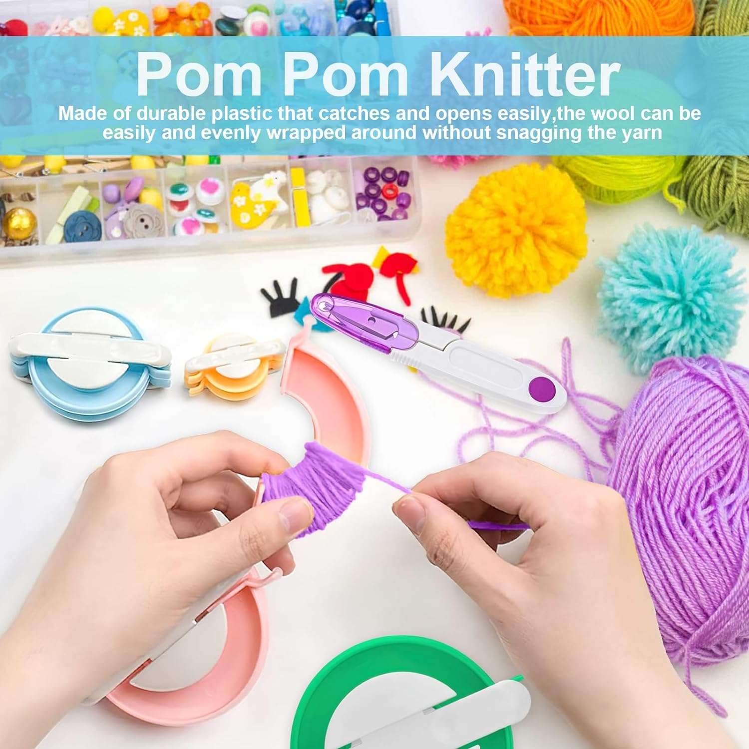 DIY Pompom Maker Kit, 4 Different Sizes Weaver Needle Craft Knitting Wool Plastic Tool Kit with Sewing Scissors, 4 Pcs Pom Pom Makers for DIY Knitting Craft, Pom Pom Knitting image number 3