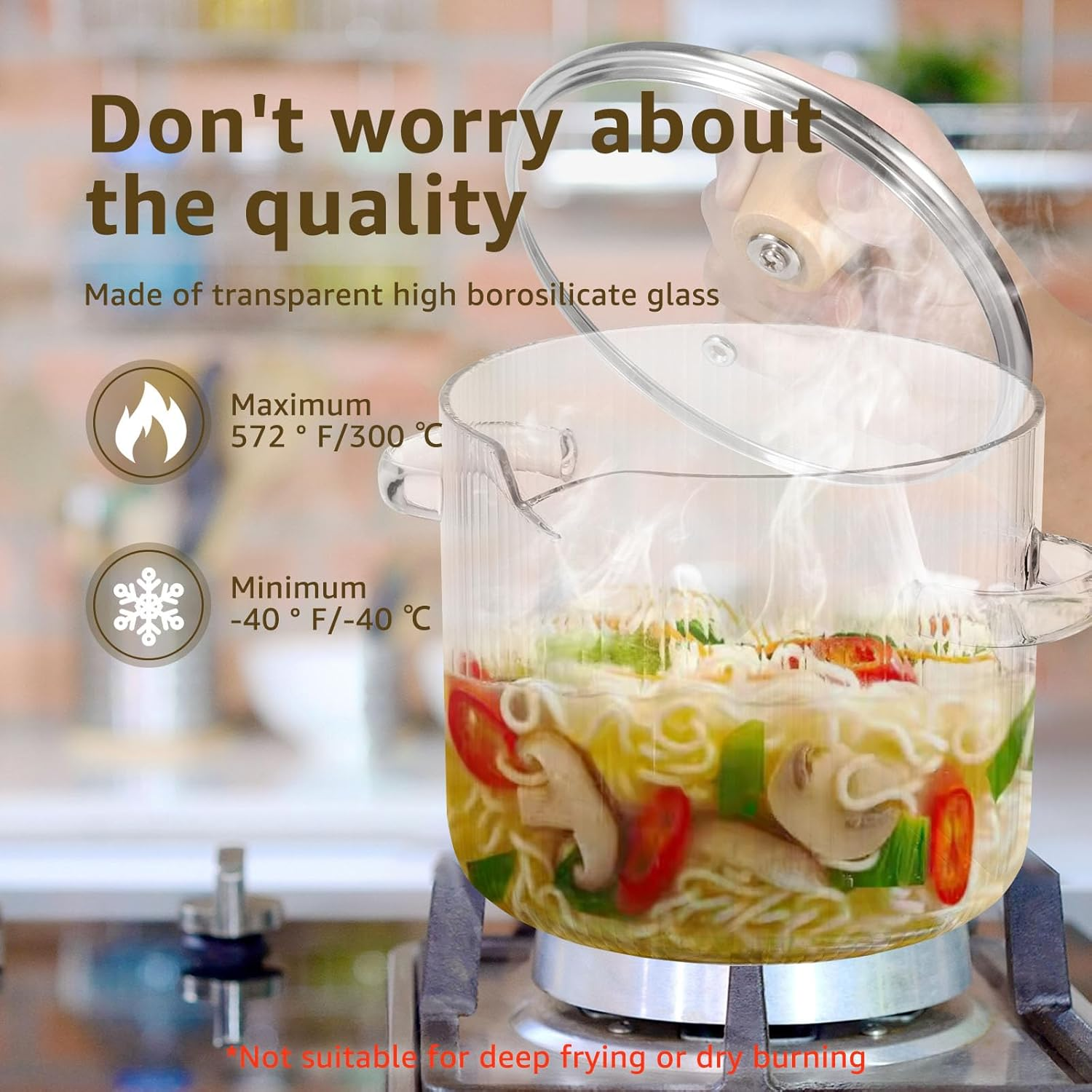 BETIMFAN Glass Cooking Pot Transparent Borosilicate Glass Simmer Pot with Lid and Spout Heat Resistant Glass Stovetop Pot Nonstick Soup Pot Cookware 2.3 L/1.6 L for Soup Noodles Sauce Salad image number 3