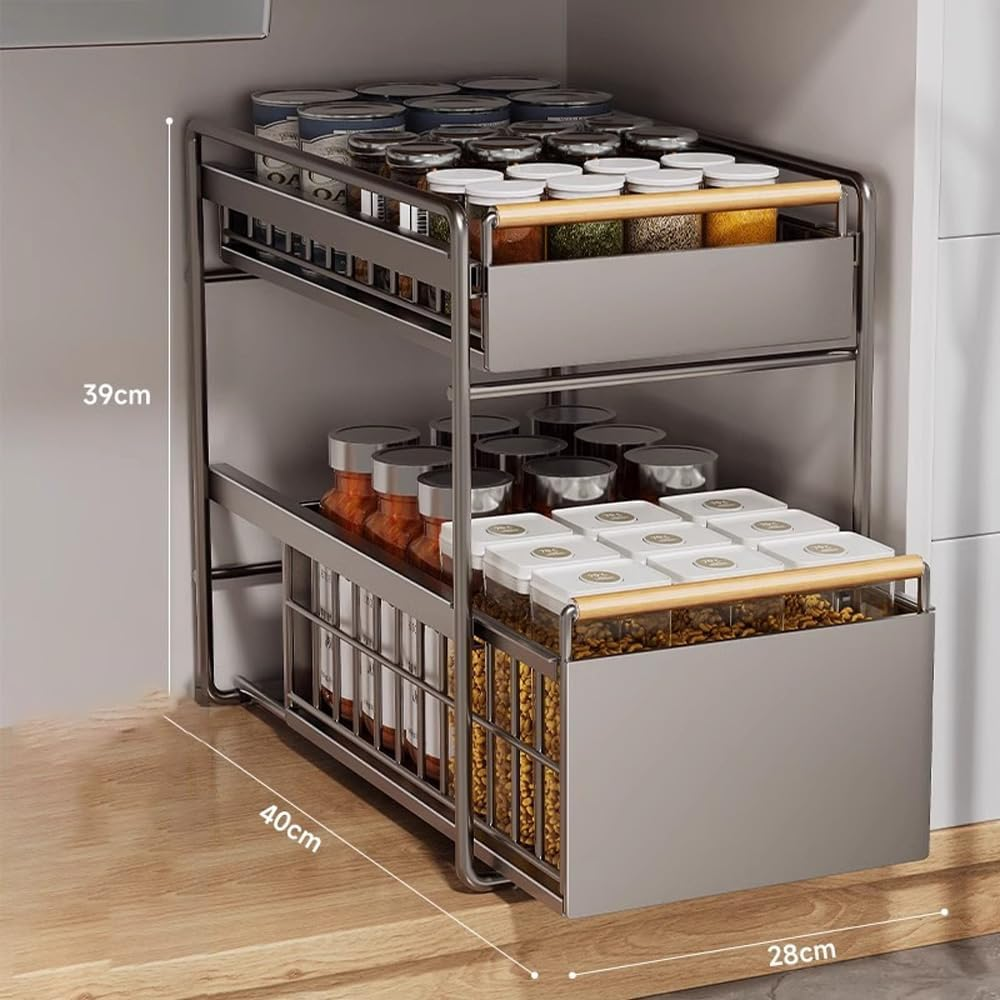 Leona Co Pull Out 2 Tier Metal Cabinet Organizer with Solid Wood Handle - No Assembly Required, Durable Mesh Design - Multi-Purpose Storage for Kitchen, Bathroom, Office (Large) image number 1