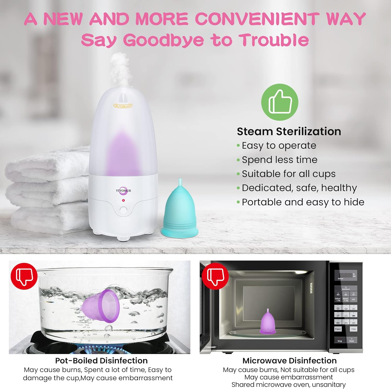 YTYOMUR Menstrual Cup Steamer Sterilizer with 2 Reusable Menstrual Cups, Period Cups Cleaner Wash Kit image number 6