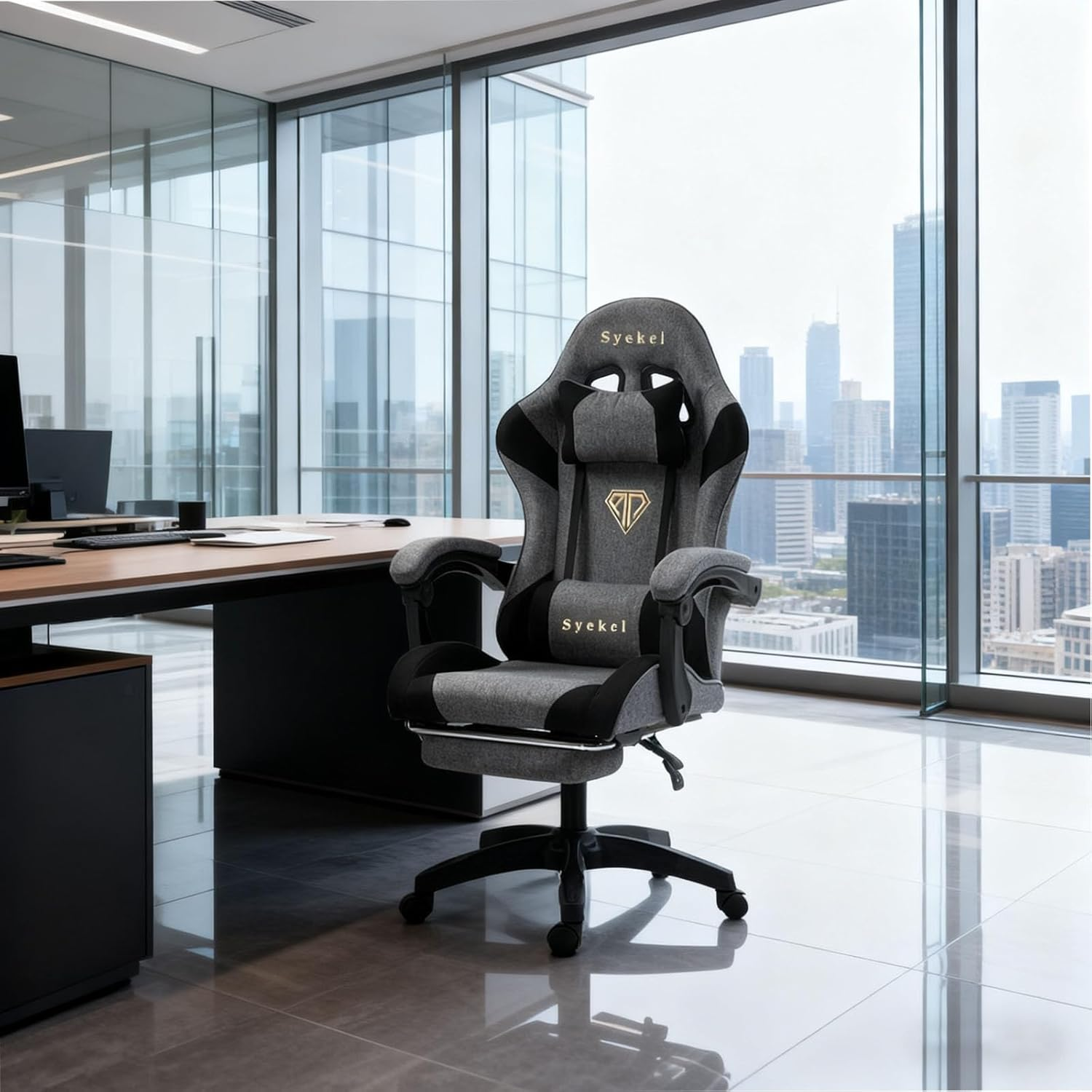 Gaming Chair Computer Chair, Ergonomic High Back Fabric Gaming Chair, Tilt and Height Adjustable Computer Chair with Neck and Massaging Lumbar Support for Office or Gaming (Linen, Grey) image number 5