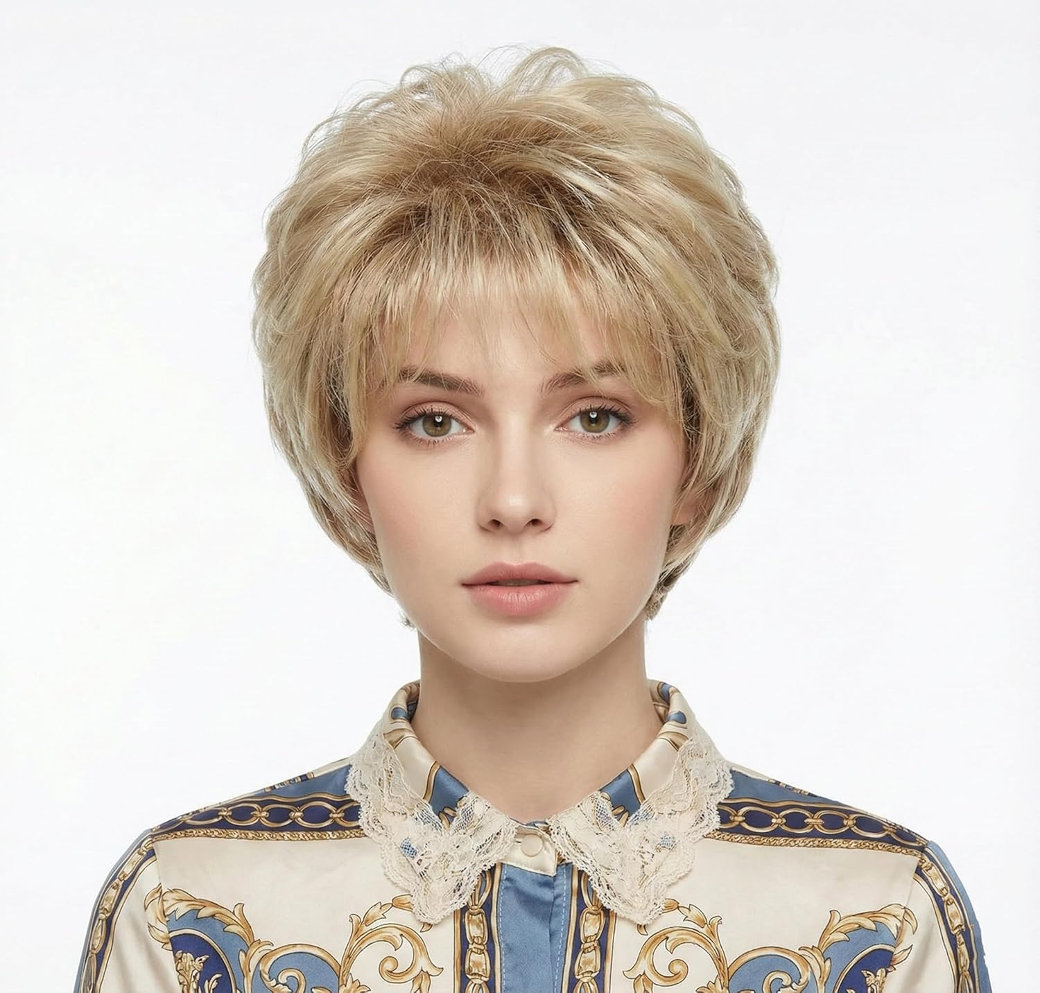 AUBWIG Mixed Blonde Short Hair Fluffy Hair Natural Curly Hair Wigs with Fringe for Women Heat Resistant Synthetic Hair Wig Daily Use (Mixed Blonde #2H) image number 2