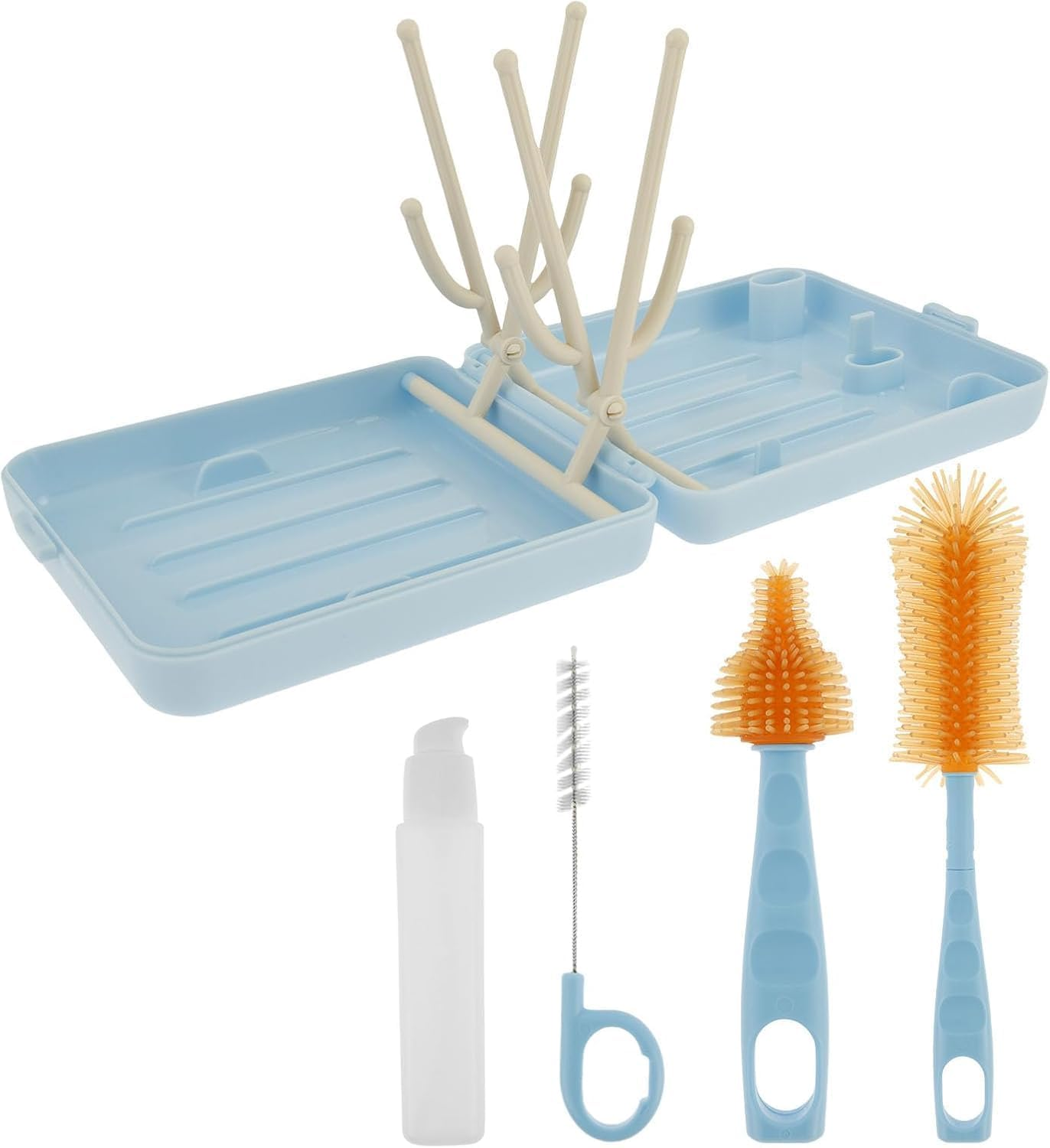 WADY Baby Bottle Brush Kit - Stable Bottle Cleaning Kit Easy to Use Baby Bottle Cleaning Tool Portable Traveling Bottle Cleaner Kit Versatile Baby Bottle Cleaner Brush Set for Babies (Blue)