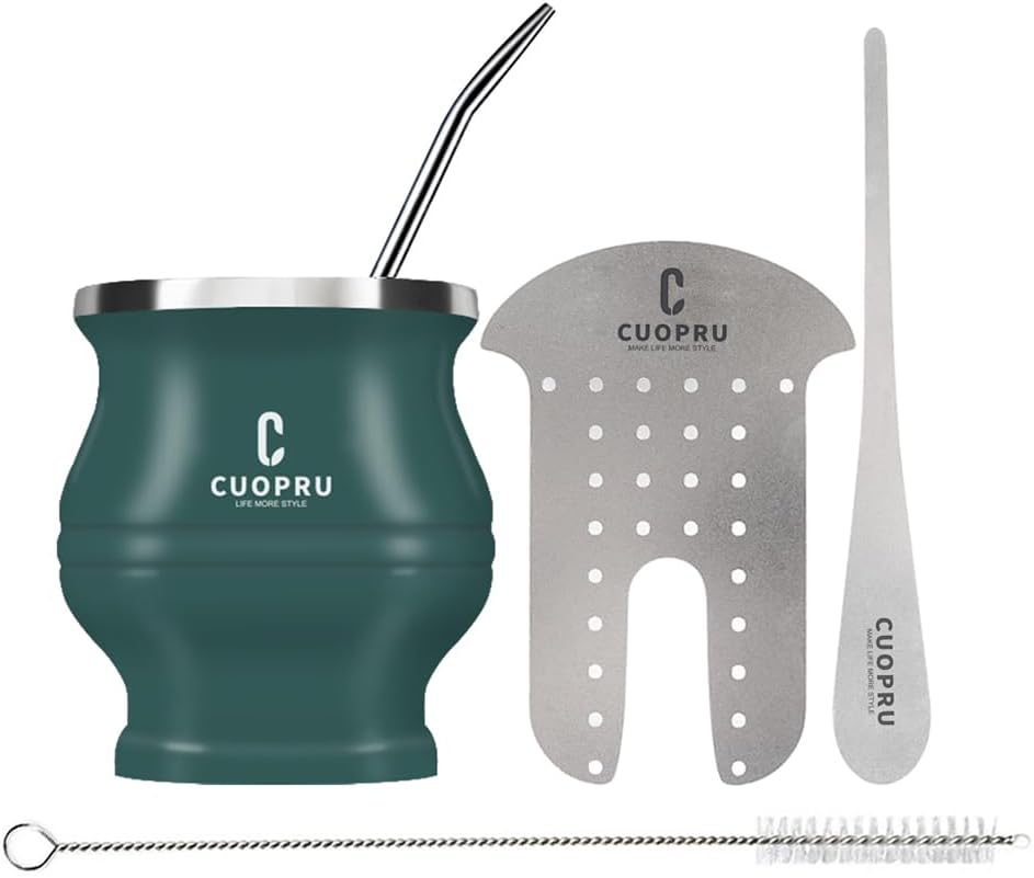 Cuopru Yerba Mate Cup Bombilla - Mate Gourd Set Includes Double Walled Stainless Steel Tea Cup, Tea Shaper Set, Bombilla Straws, Cleaning Brush