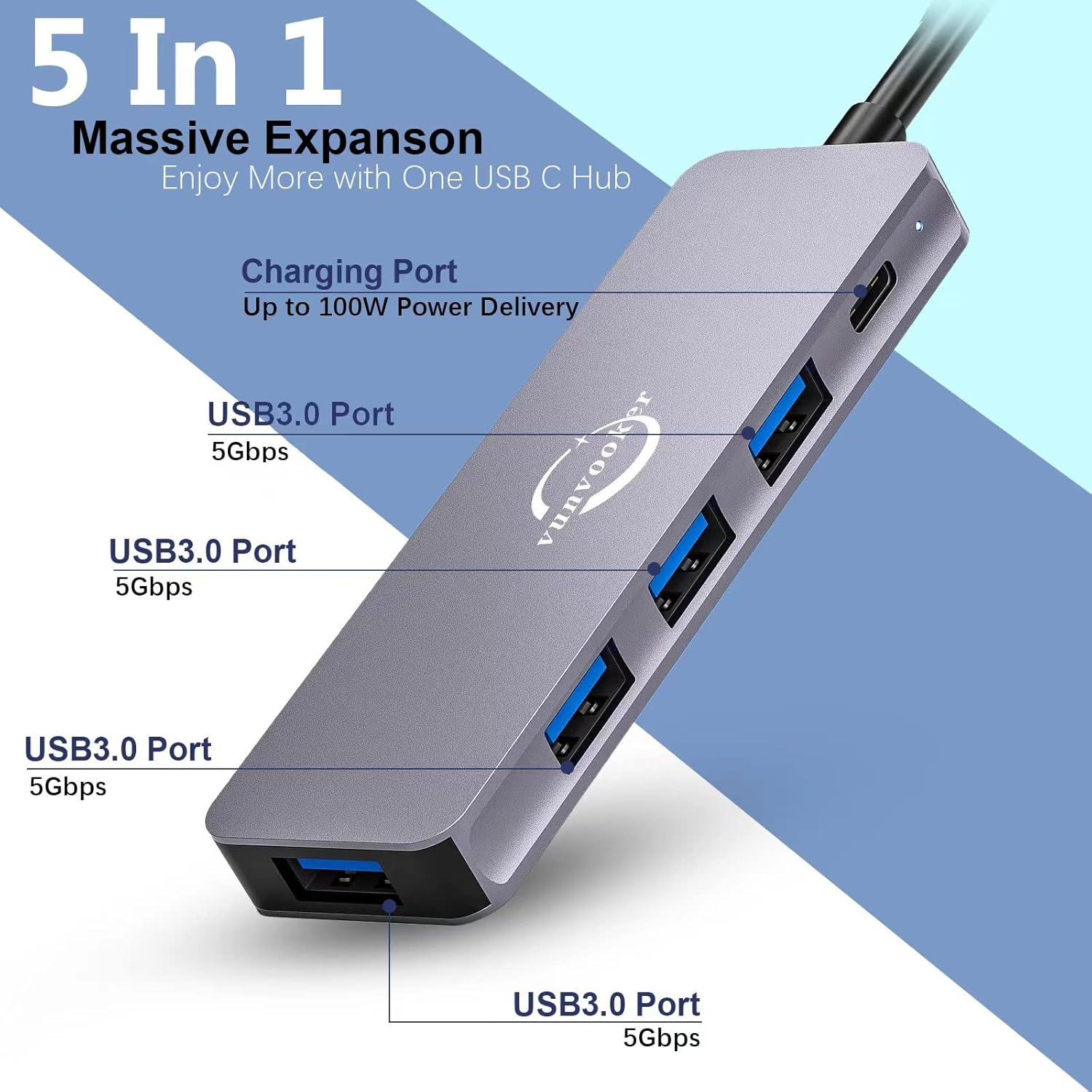 USB C Hub,Vunvooker 5In1 USBC Dongle with Long Cable,Usb C Splitter,Usb-C Expander for Laptop(100W PD,4 Port USB 3.0 Hub),Ultra Slim Mini Data Adapter for Macbook Pro/Air,Imac,Surface,Xps,Notebook image number 4