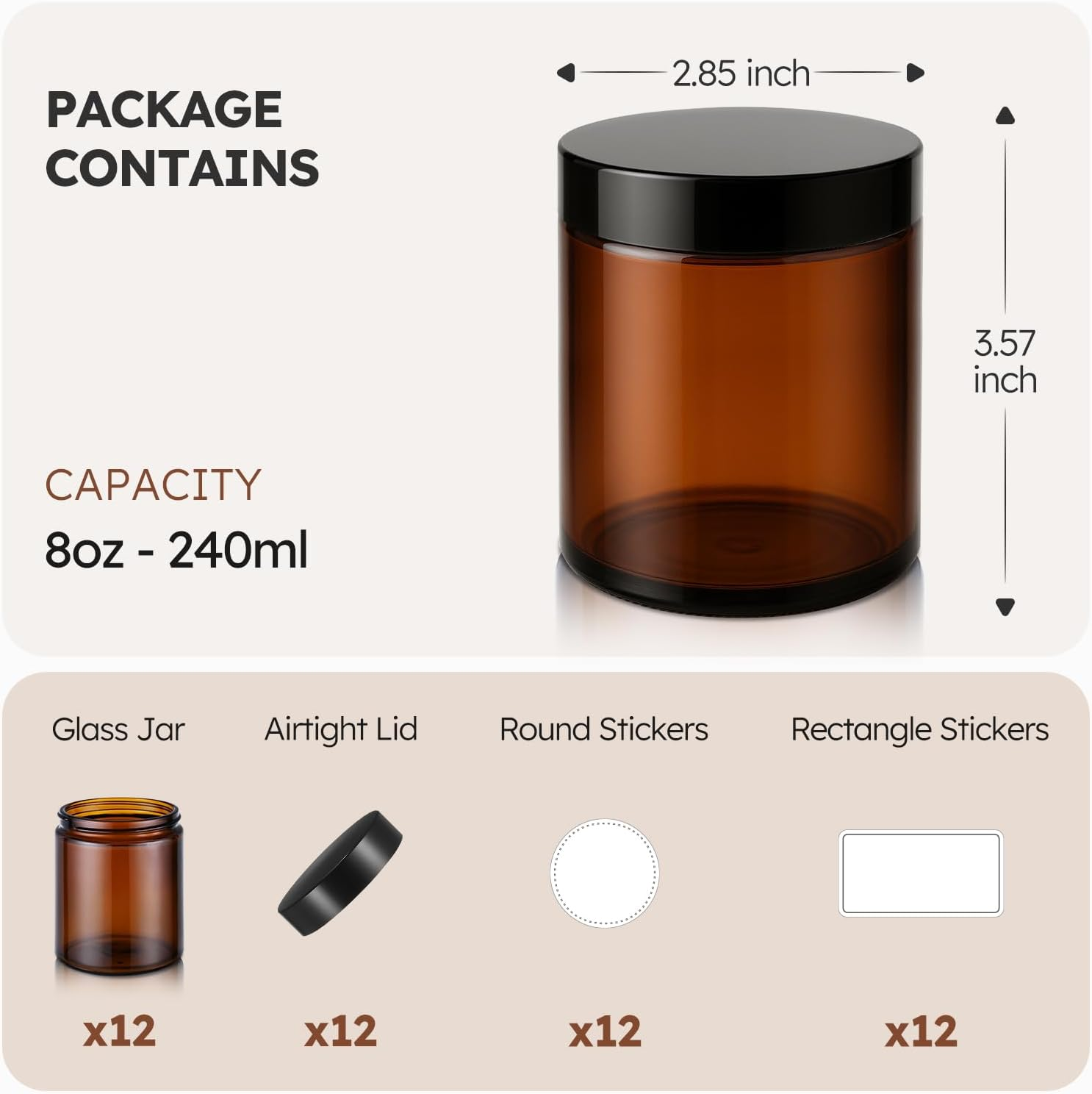 8 Oz Amber Glass Jars with Lids, 12 Pack Amber Small Glass Jars with Black Lids, Lotion Container Empty Cosmetic Travel Containers for Sample, Cream, Lotion, Honey, Powder image number 6