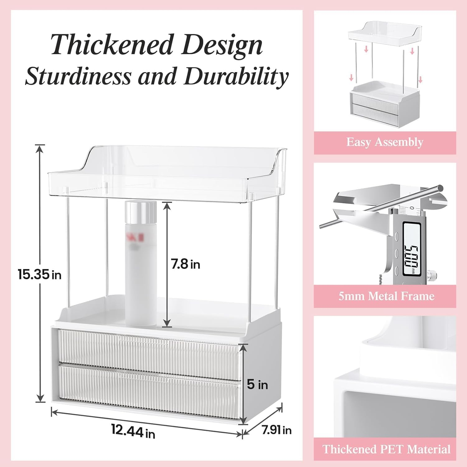 Bathroom Counter Organizer, 2 Tier 2 Drawer Makeup Countertop, Versatile Perfume Organizer, Makeup Organiser Storage, Large Skincare Organizers, Ideal for Bathroom Storage, Vanity, Perfume (Clear) - Clear image number 2