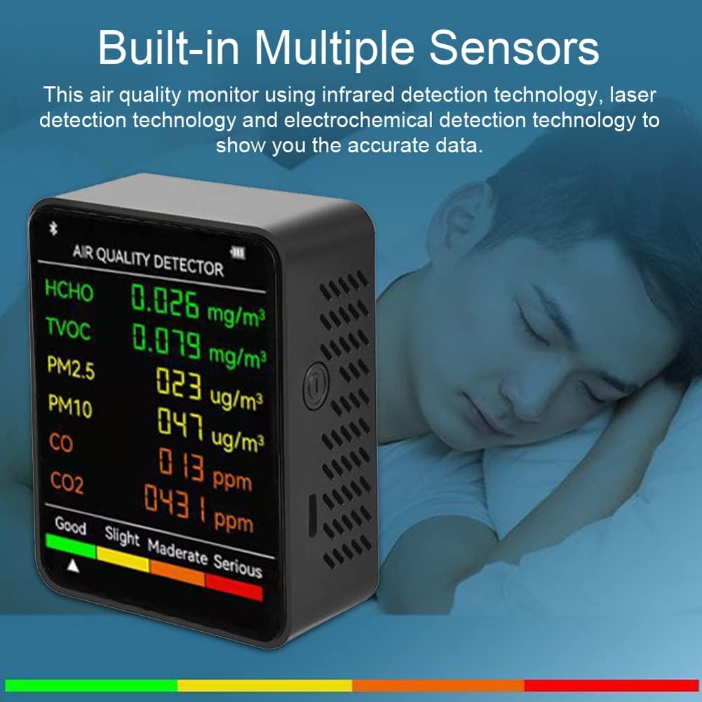 6 in 1 PM2.5 PM10 HCHO TVOC CO CO2 Multifunctional Air Quality Detector Carbon Dioxide Formaldehyde Monitor LCD Large Screen Display Portable Home Office Hotel Desktop Tester, Black