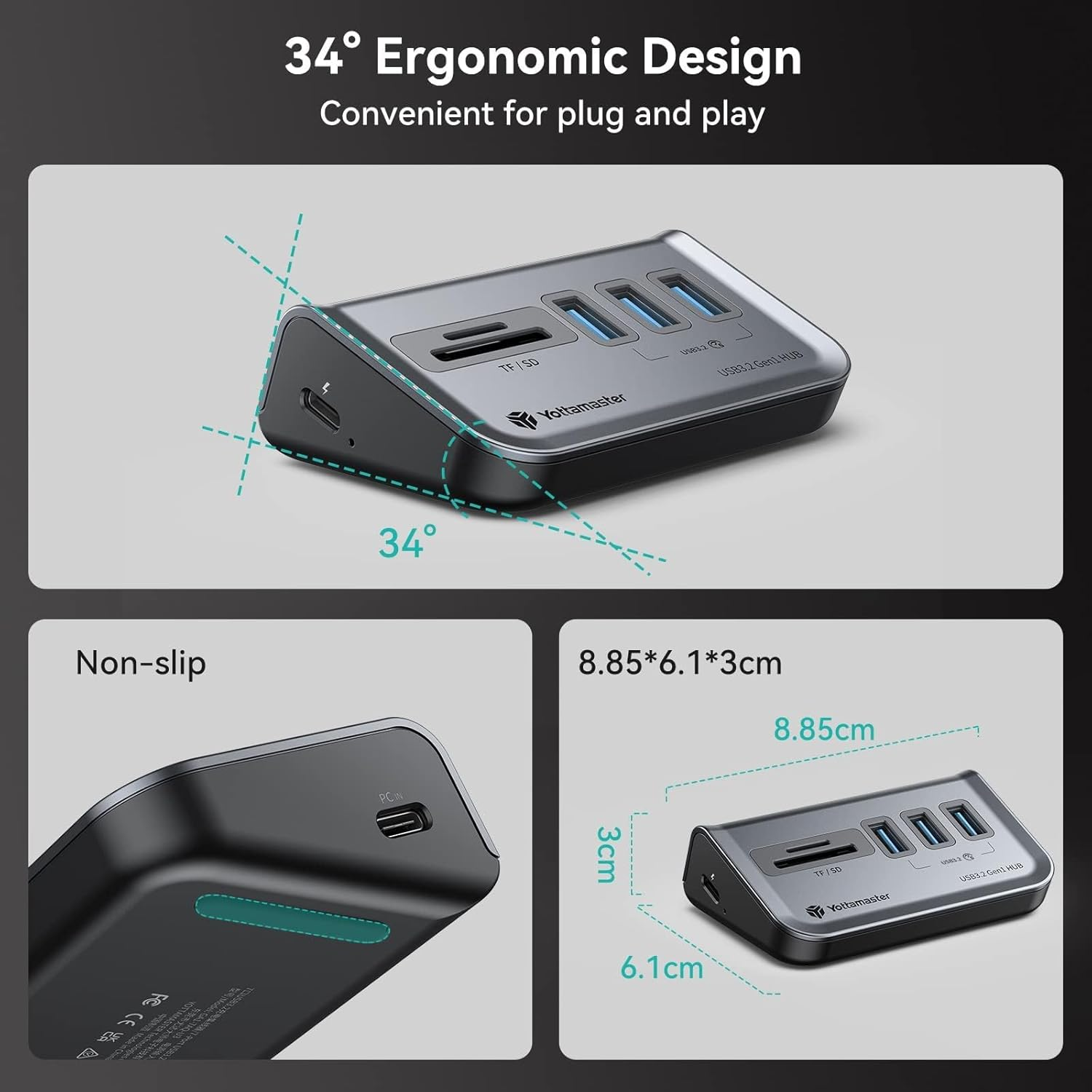 Yottamaster 4 Port USB 3.0 Hub, Powered USB Hub 5V / 2A, Type C to USB 3.2 Gen1 Data Hub with 3USB-A & SD/TF Card Reader for PC, Laptop(1.6Ft) GA1-3ATS-U3-GY-1 image number 5